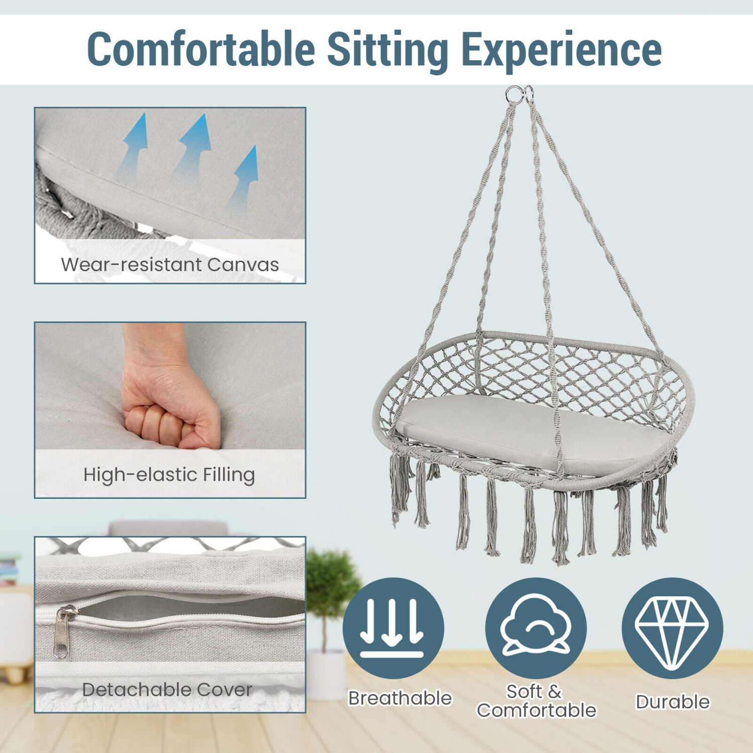 Gymax 2 Person Hanging Hammock Chair w/ Cushion Macrame Swing 330 lbs Capacity Grey