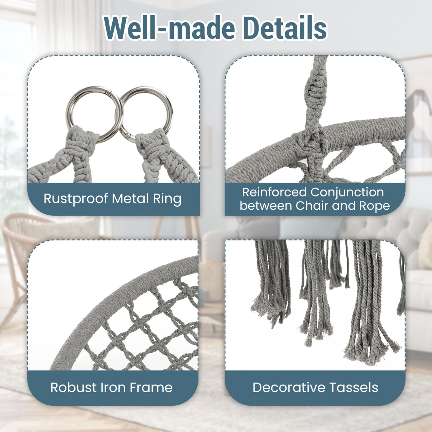 Gymax 2 Person Hanging Hammock Chair w/ Cushion Macrame Swing 330 lbs Capacity Grey