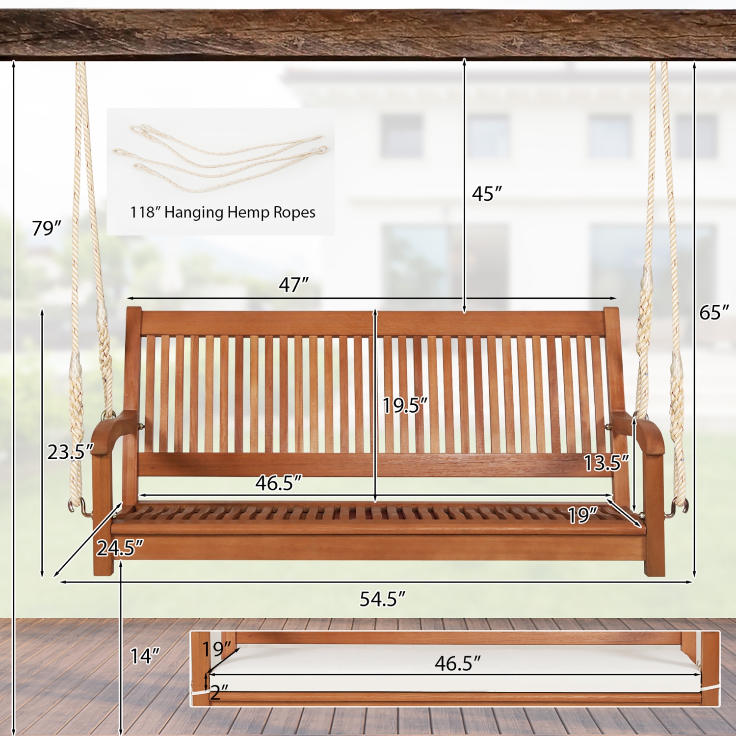 Gymax 2-Seat Patio Hanging Wooden Porch Swing Bench w/ Cushion & Hanging Ropes