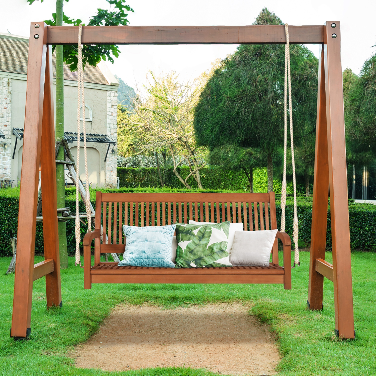 Gymax 2-Seat Patio Hanging Wooden Porch Swing Bench w/ Cushion & Hanging Ropes