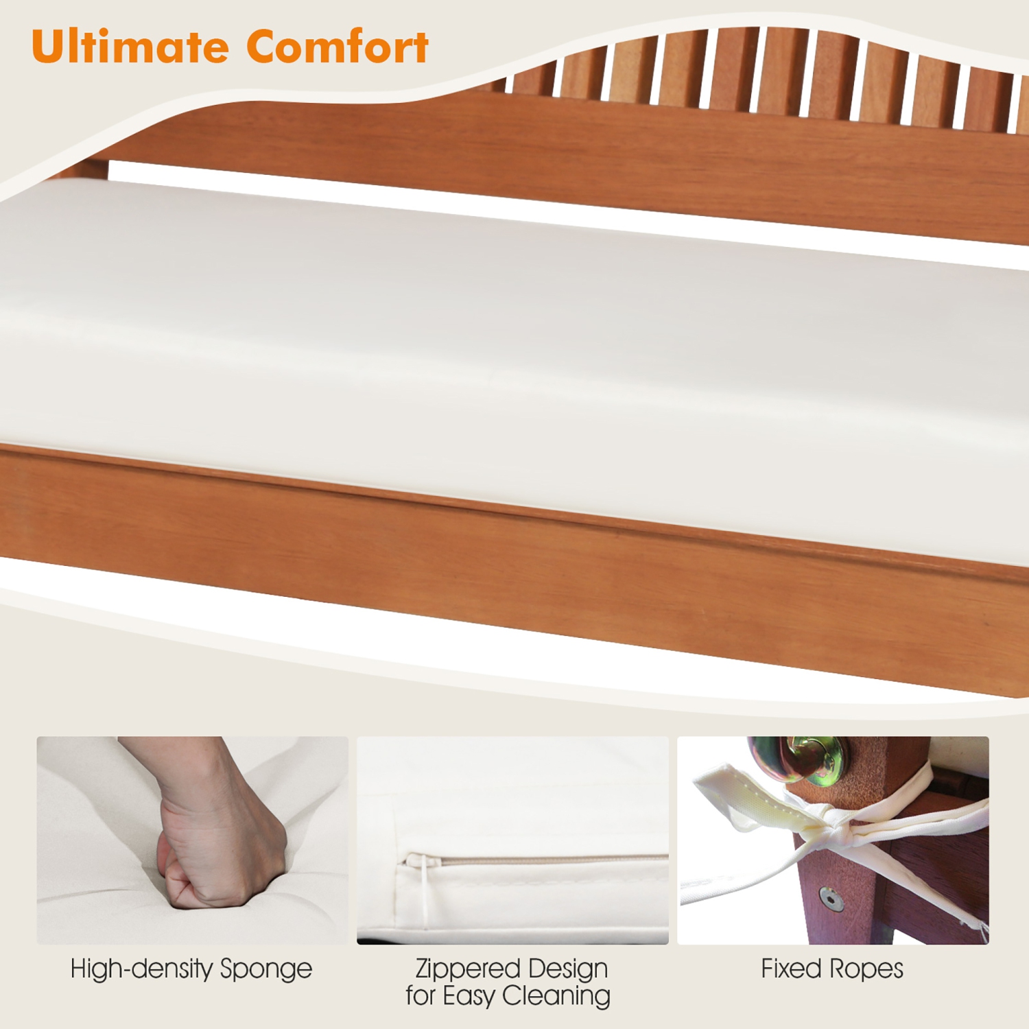 Gymax 2-Seat Patio Hanging Wooden Porch Swing Bench w/ Cushion & Hanging Ropes