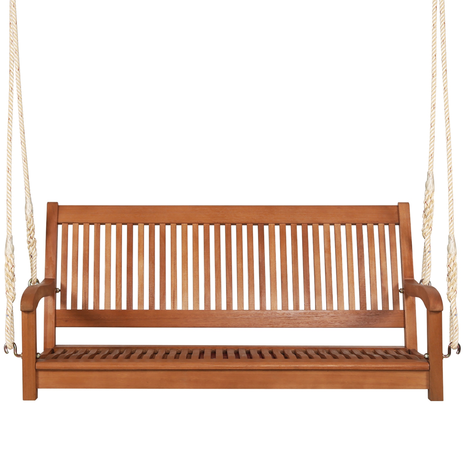 Gymax 2-Seat Patio Hanging Wooden Porch Swing Bench w/ Cushion & Hanging Ropes