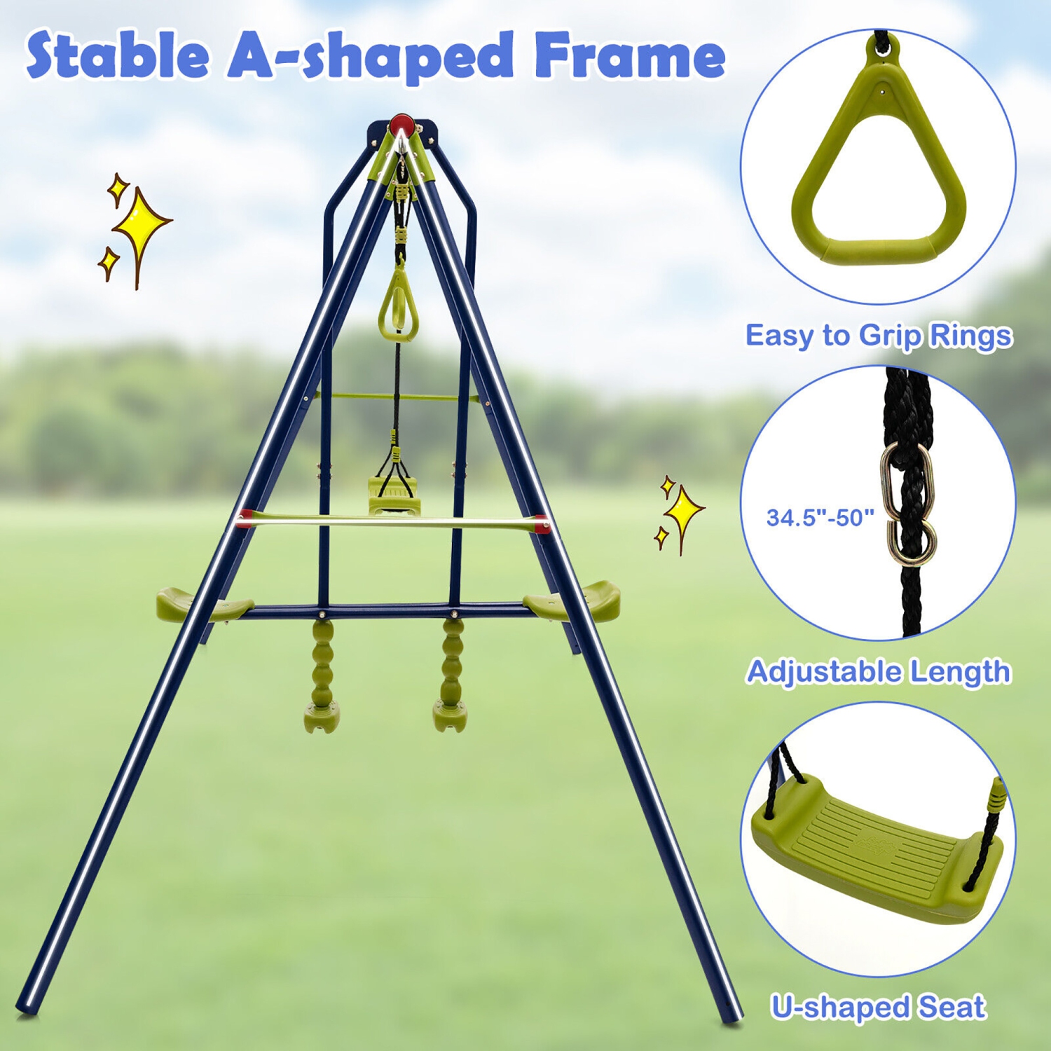 Gymax 440 lbs Swing Set 3-in-1 Kids Swing Stand w/ Swing Gym Rings Glider for Backyard