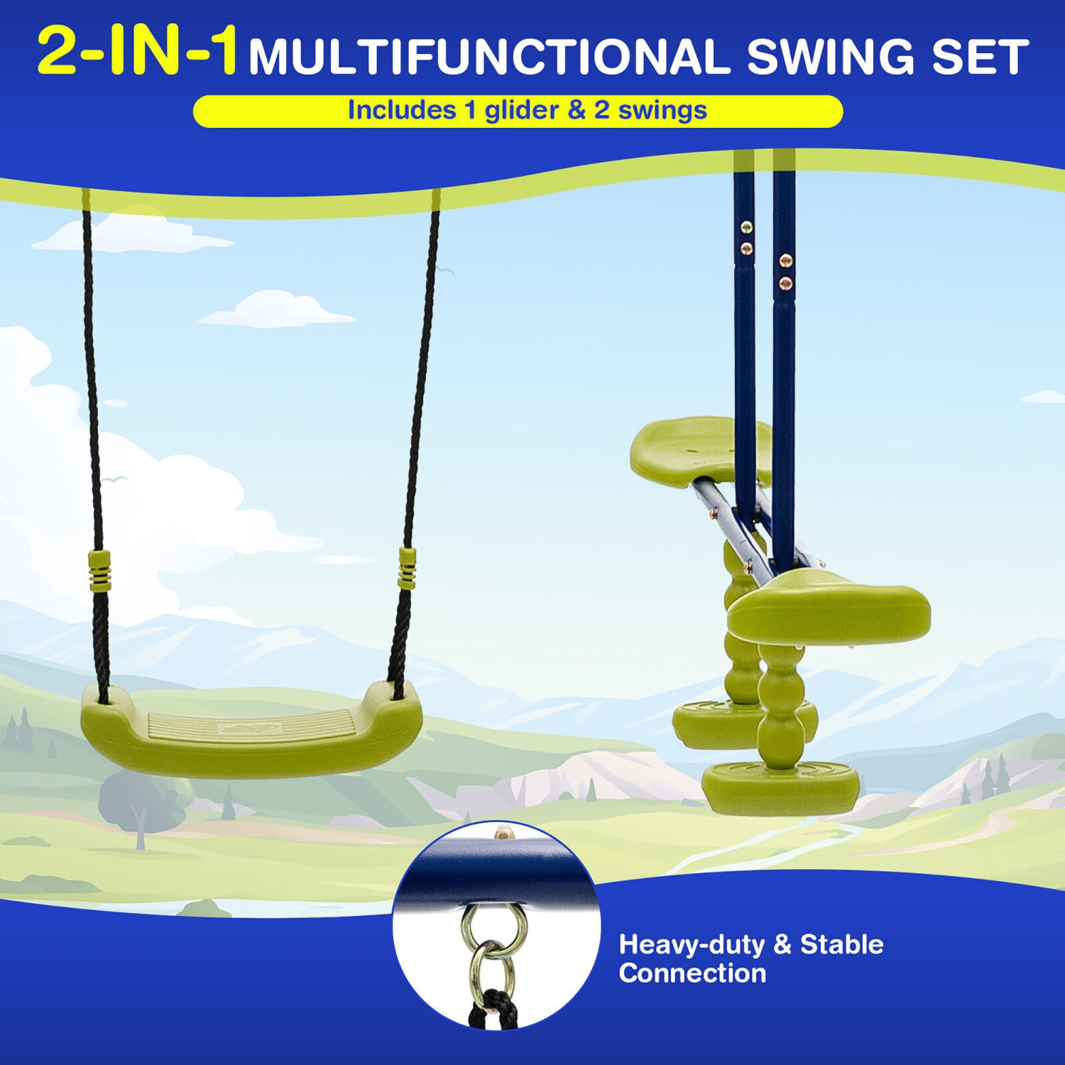 Gymax 440 lbs Swing Set 2-in-1 Kids Swing Stand w/ Two Swings & One Glider for Backyard