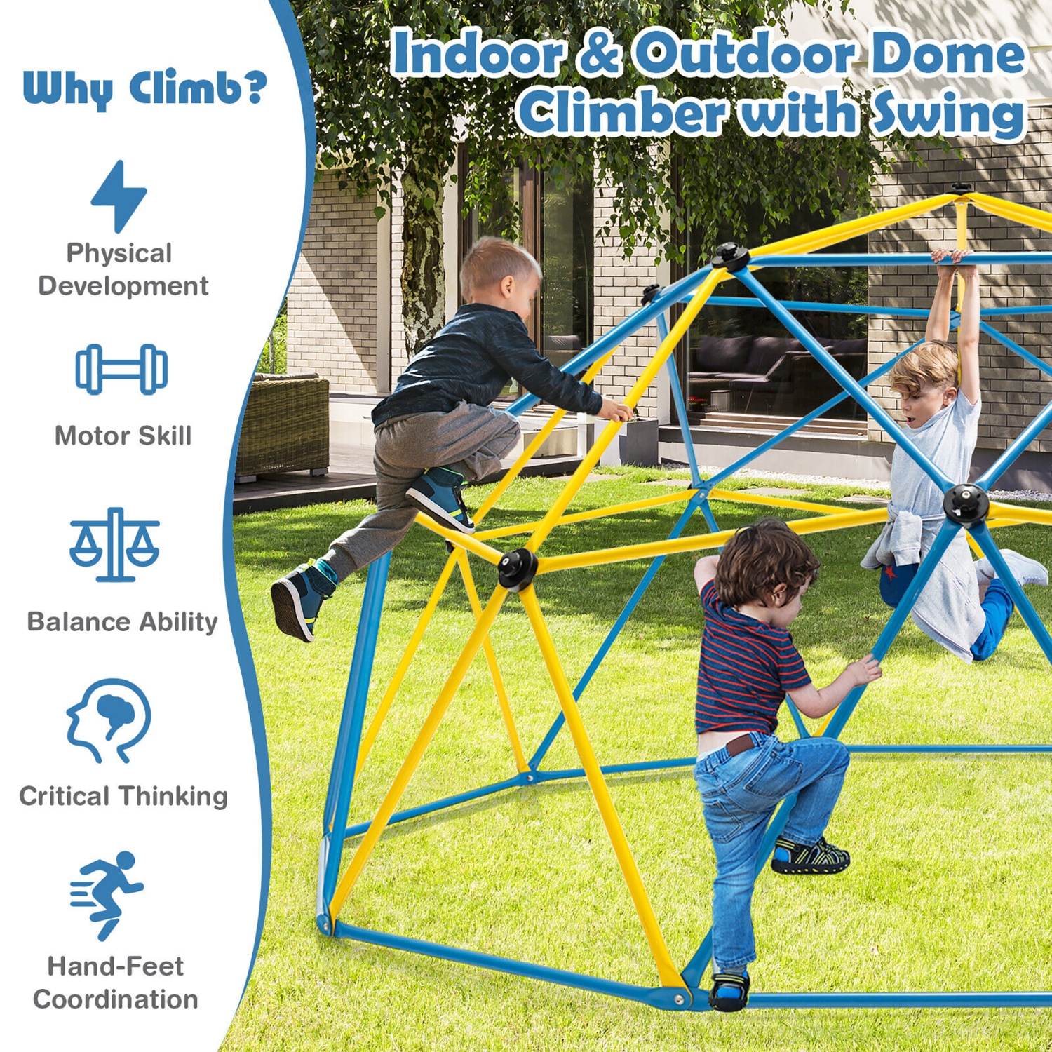 Gymax 10 FT Climbing Dome w/ Swing Outdoor Kids Play Jungle Gym