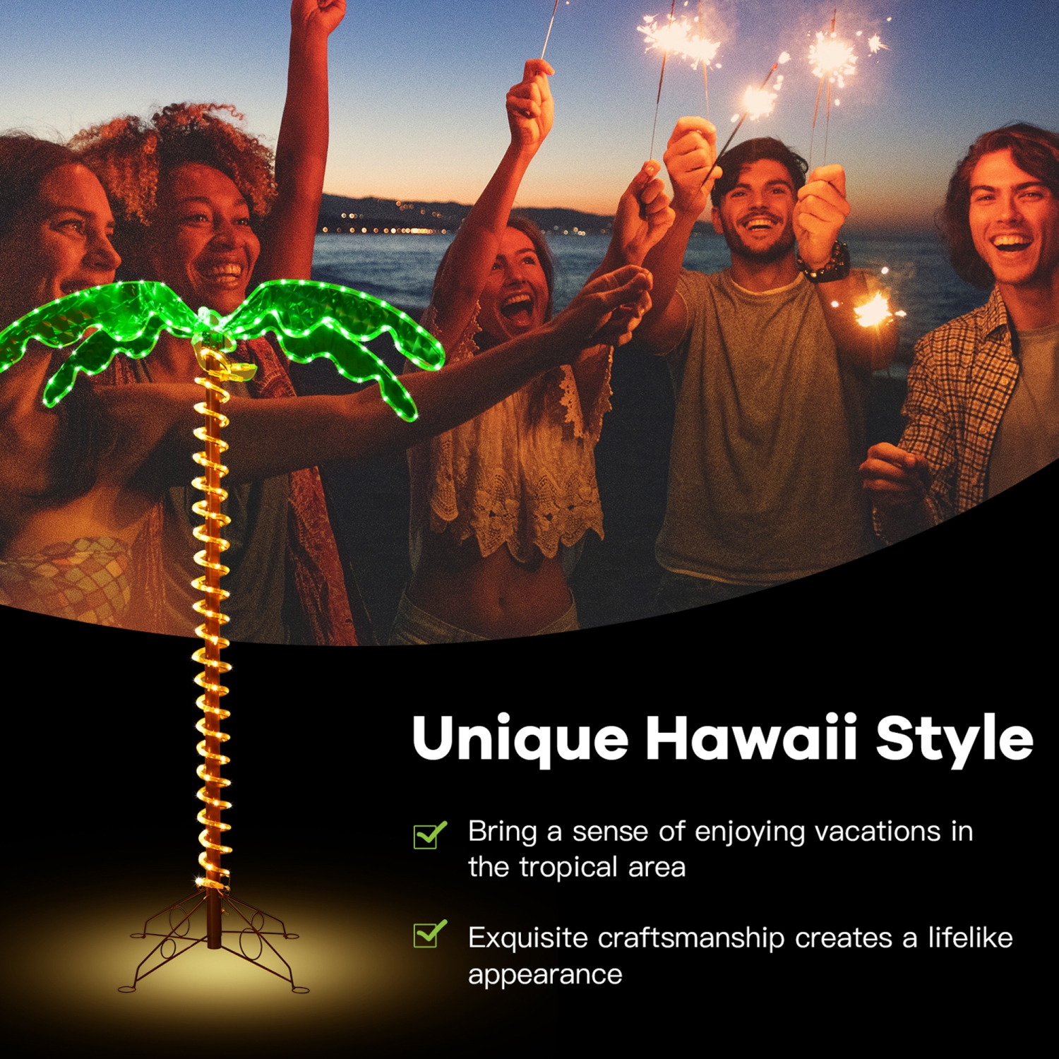Gymax 5ft Pre-lit LED Rope Light Palm Tree Hawaii-Style Holiday Decor w/ 198 LED Lights