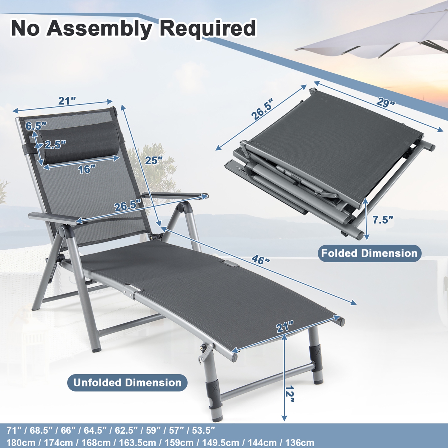 Gymax 2PCS Patio Lounge Chair Rustproof Aluminum Folding Chaise w/ Adjustable Backrest & Footrest