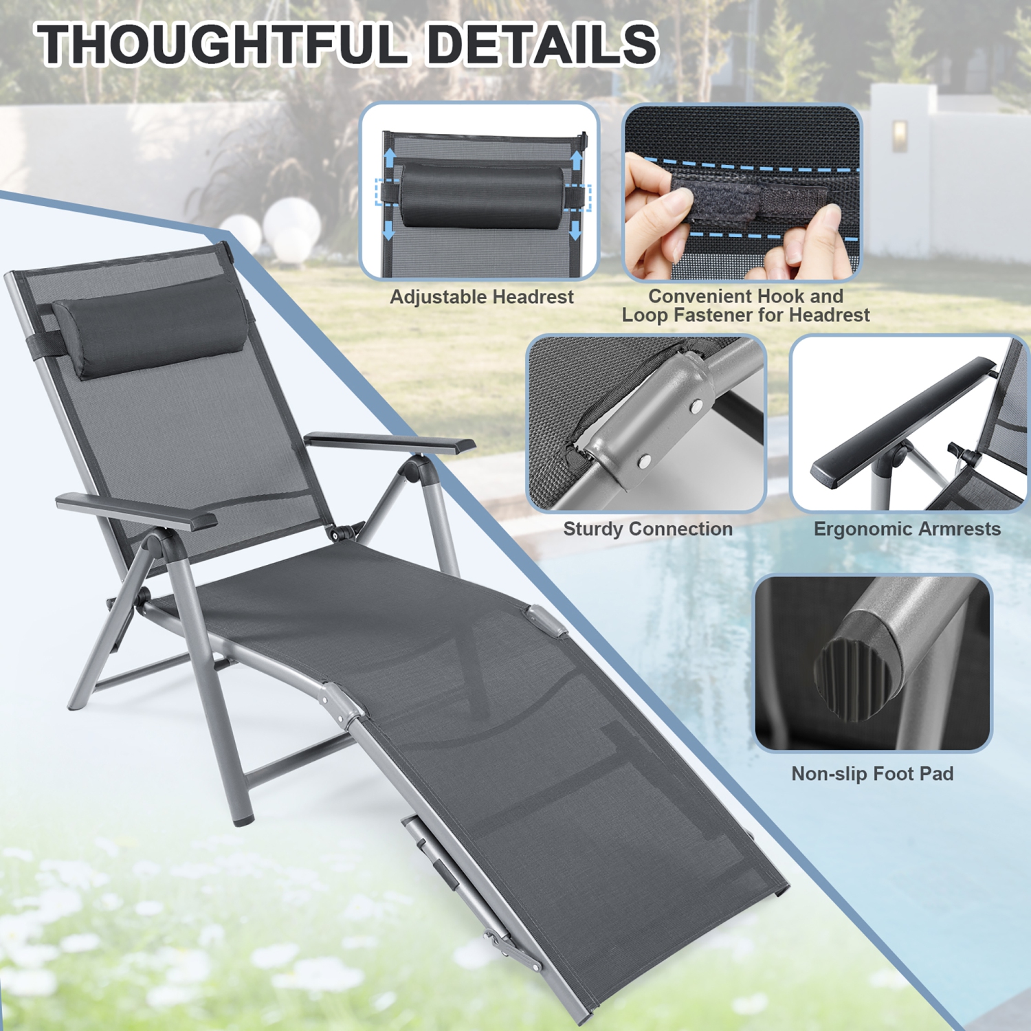 Gymax 2PCS Patio Lounge Chair Rustproof Aluminum Folding Chaise w/ Adjustable Backrest & Footrest