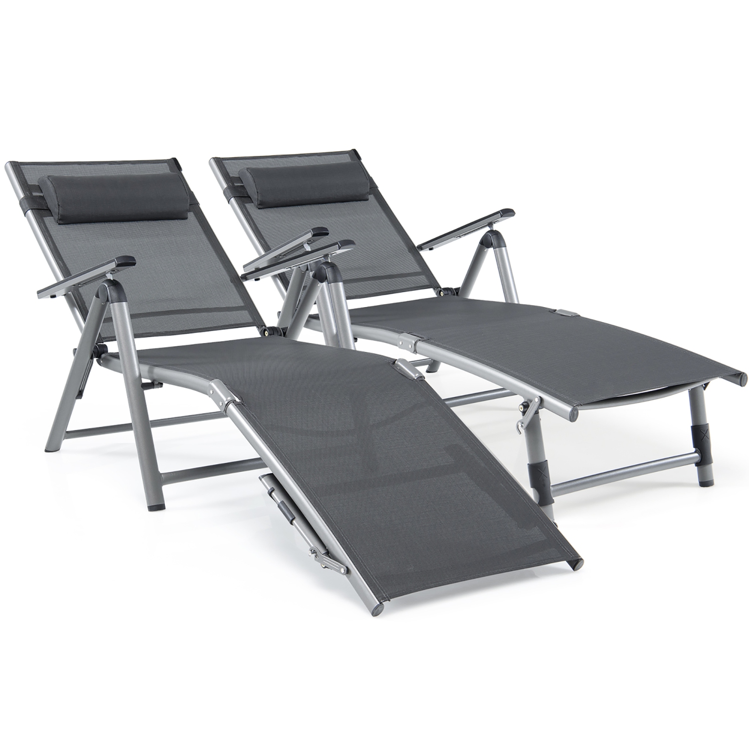 Gymax 2PCS Patio Lounge Chair Rustproof Aluminum Folding Chaise w/ Adjustable Backrest & Footrest