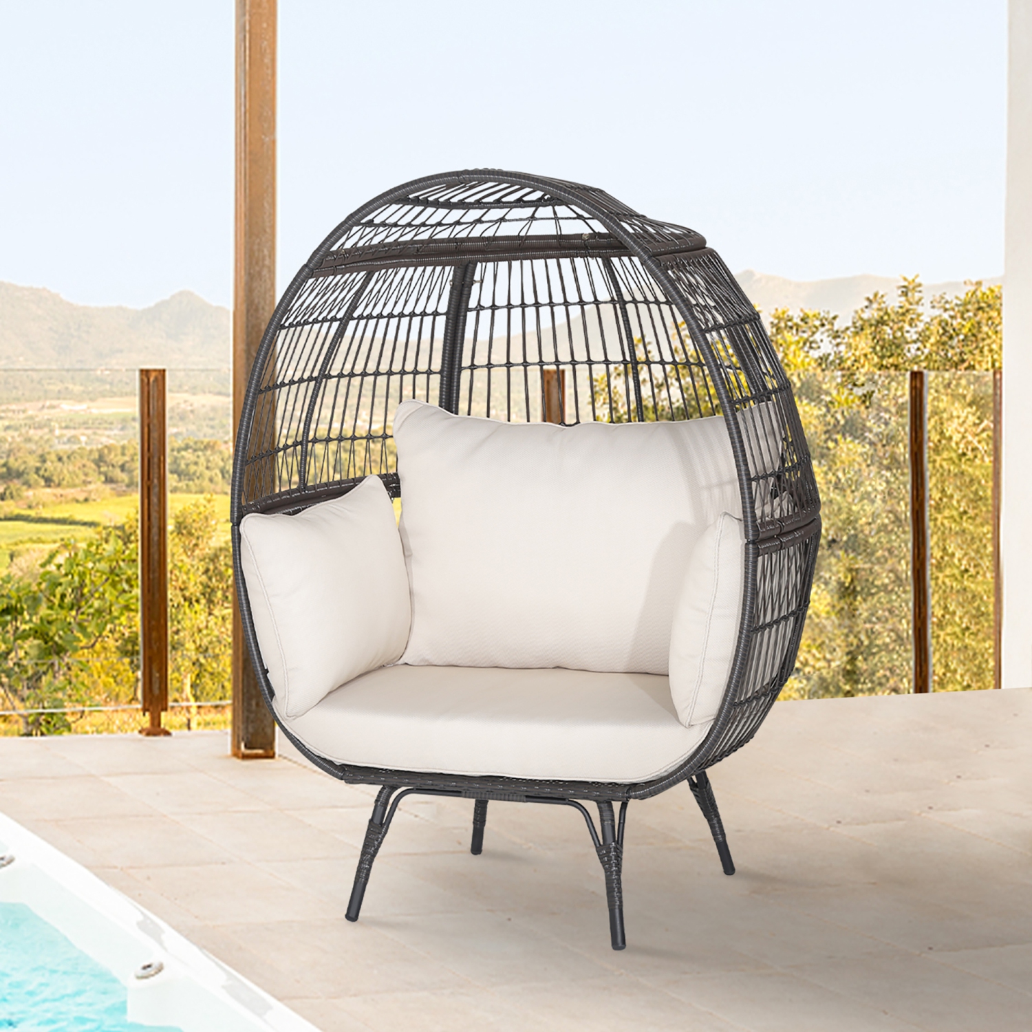 Gymax Patio Rattan Wicker Lounge Chair Oversized Outdoor Metal Frame Egg Chair w/ 4 Cushions White