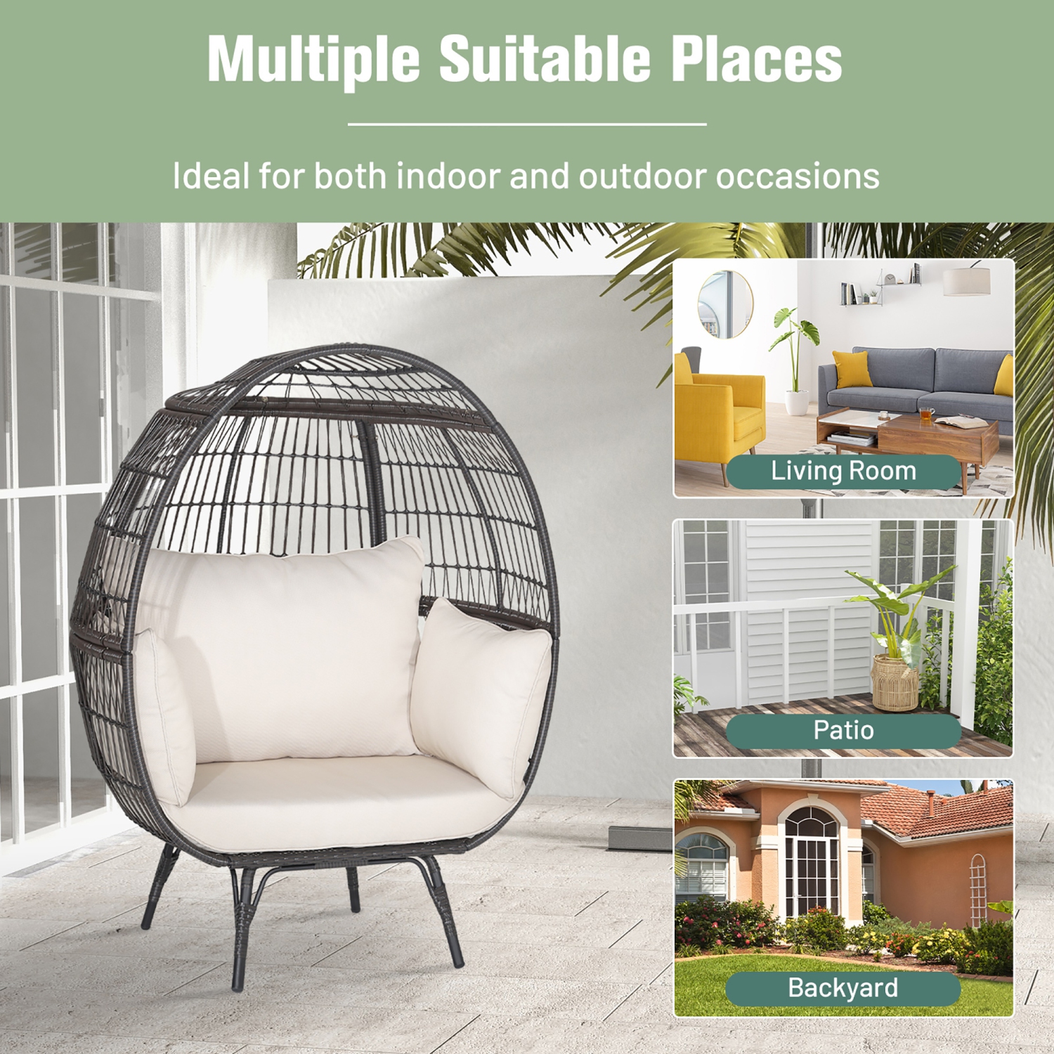 Gymax Patio Rattan Wicker Lounge Chair Oversized Outdoor Metal Frame Egg Chair w/ 4 Cushions White