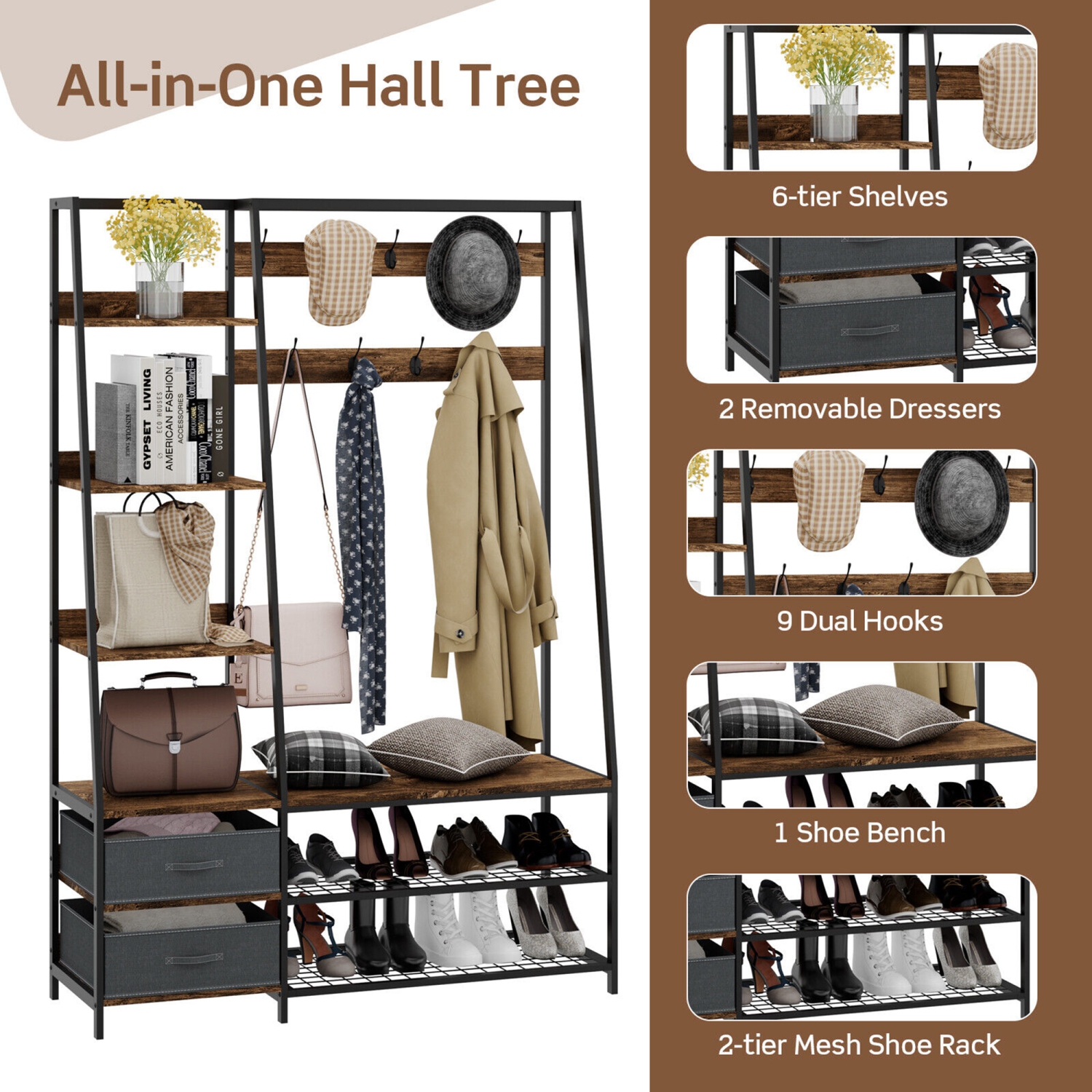 Gymax 6-in-1 Freestanding Hall Tree Coat Rack w/ Bench & Fabric Dressers Rustic Brown