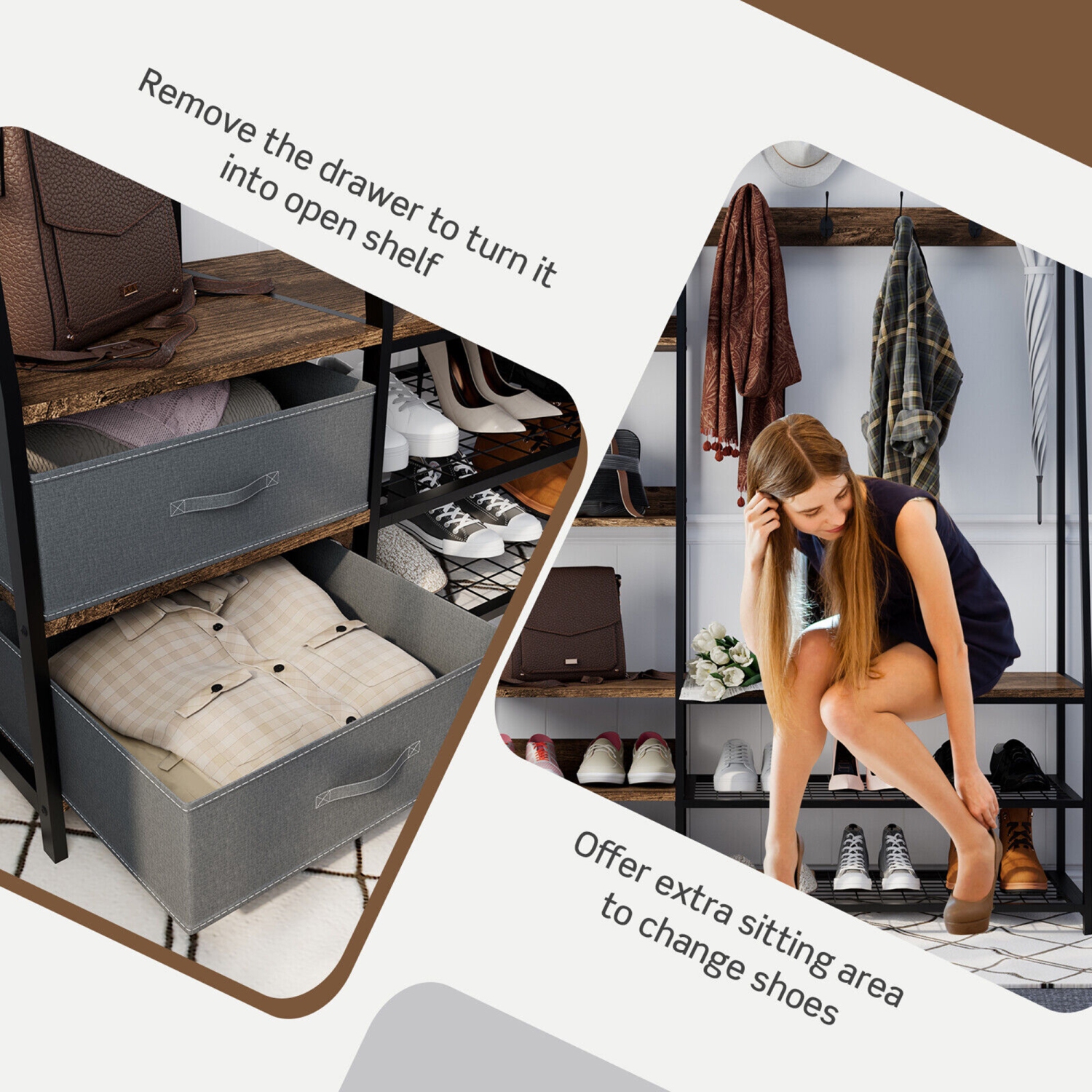 Gymax 6-in-1 Freestanding Hall Tree Coat Rack w/ Bench & Fabric Dressers Rustic Brown