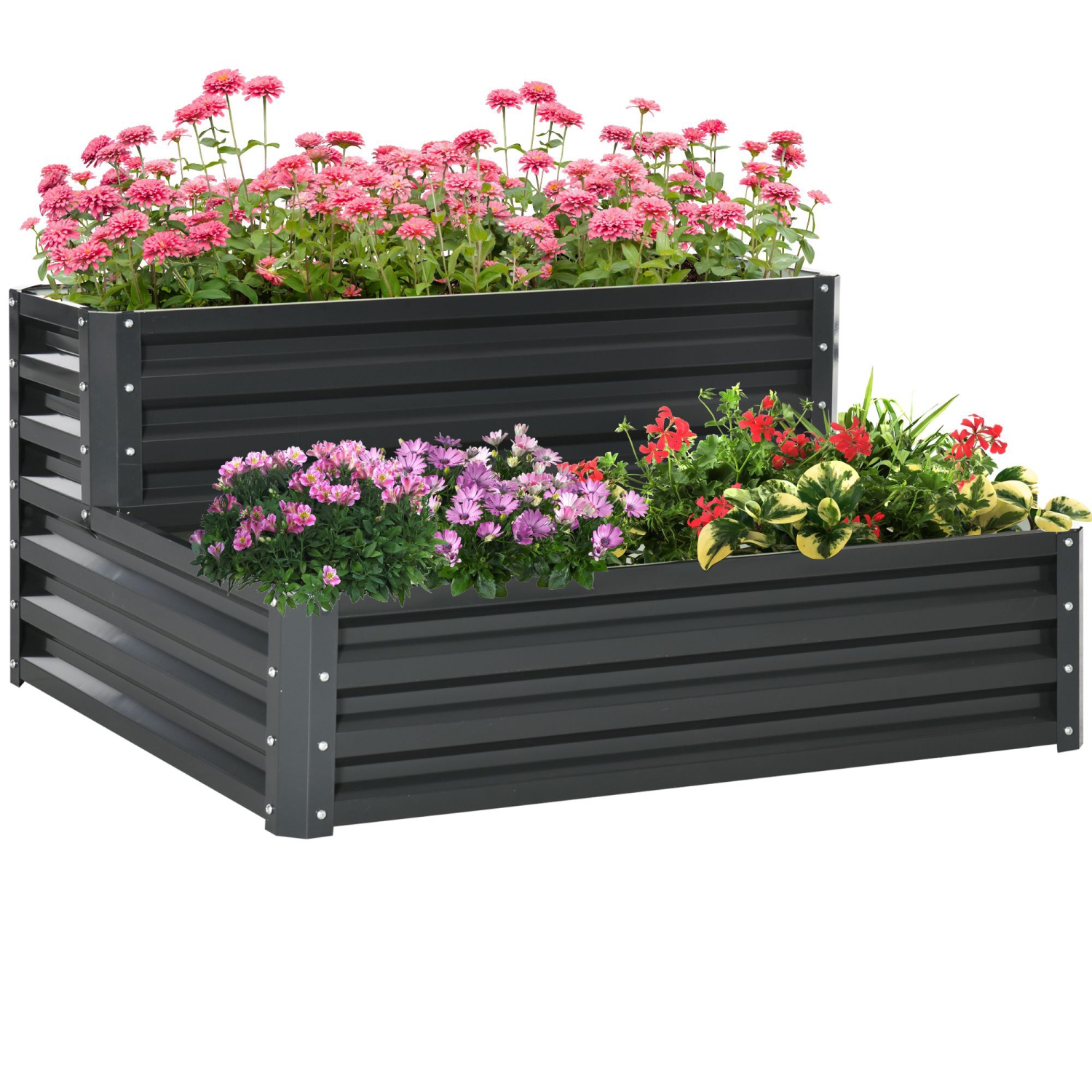 Jardinière surélevée à 2 niveaux Outsunny, jardinière en acier galvanisé de 47 x 40 x 23 po pour légumes, fleurs et herbes, gris foncé