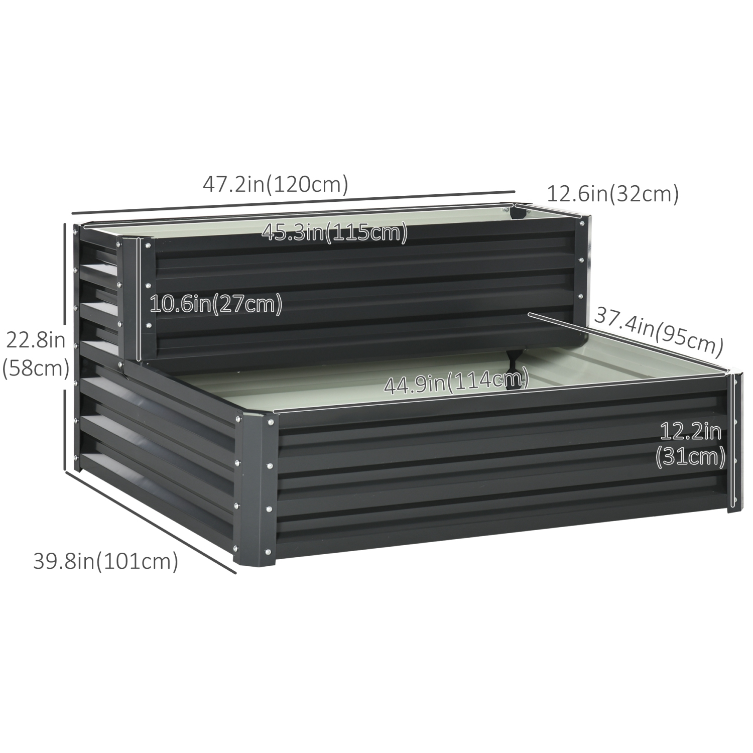 Jardinière surélevée à 2 niveaux Outsunny, jardinière en acier galvanisé de 47 x 40 x 23 po pour légumes, fleurs et herbes, gris foncé