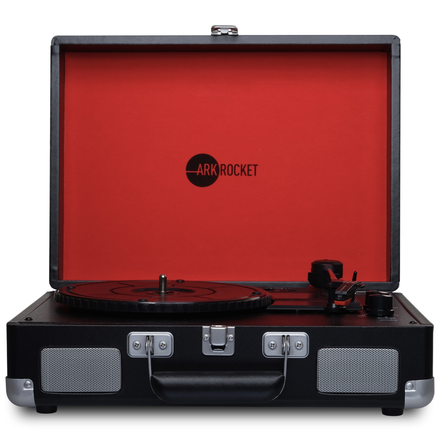 Tourne-disque Bluetooth rétro Curiosity d’ArkRocket avec 3 vitesses et haut-parleurs intégrés - Noir/Rouge