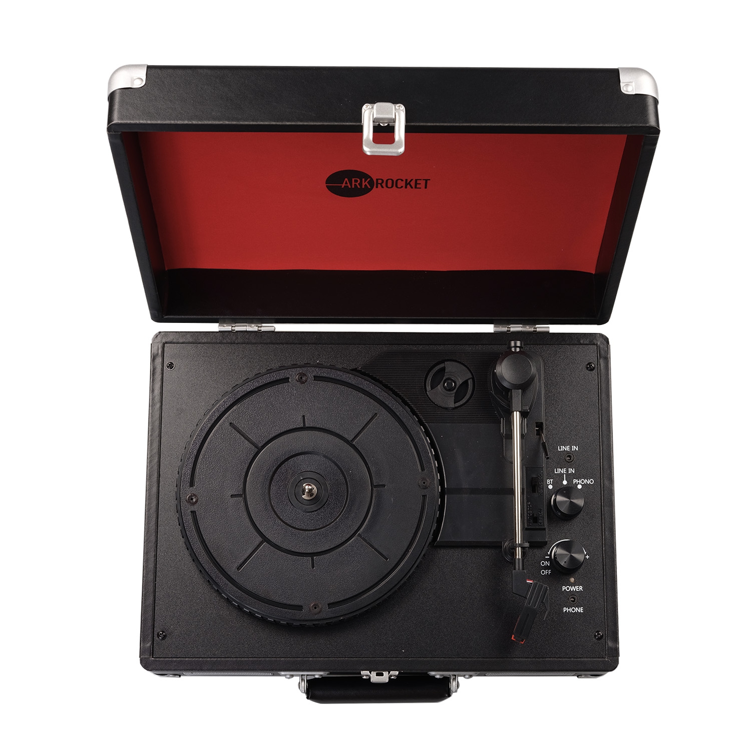 Tourne-disque Bluetooth rétro Curiosity d’ArkRocket avec 3 vitesses et haut-parleurs intégrés - Noir/Rouge