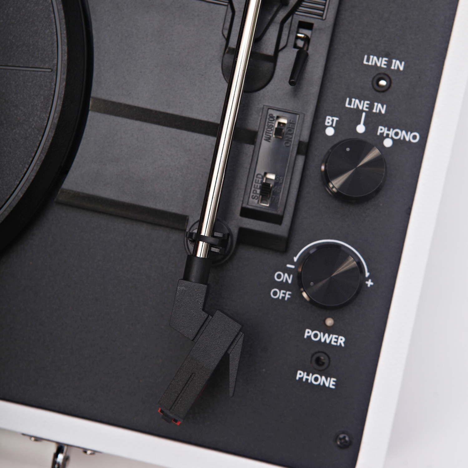 Tourne-disque Bluetooth rétro Curiosity d’ArkRocket avec 3 vitesses et haut-parleurs intégrés - Blanc