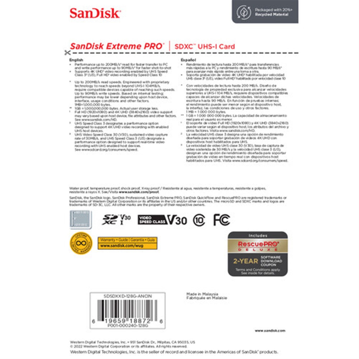 SanDisk Extreme 128GB SDXC UHS-I V30 200MB/s Class 10 Memory Card x5 + Holder
