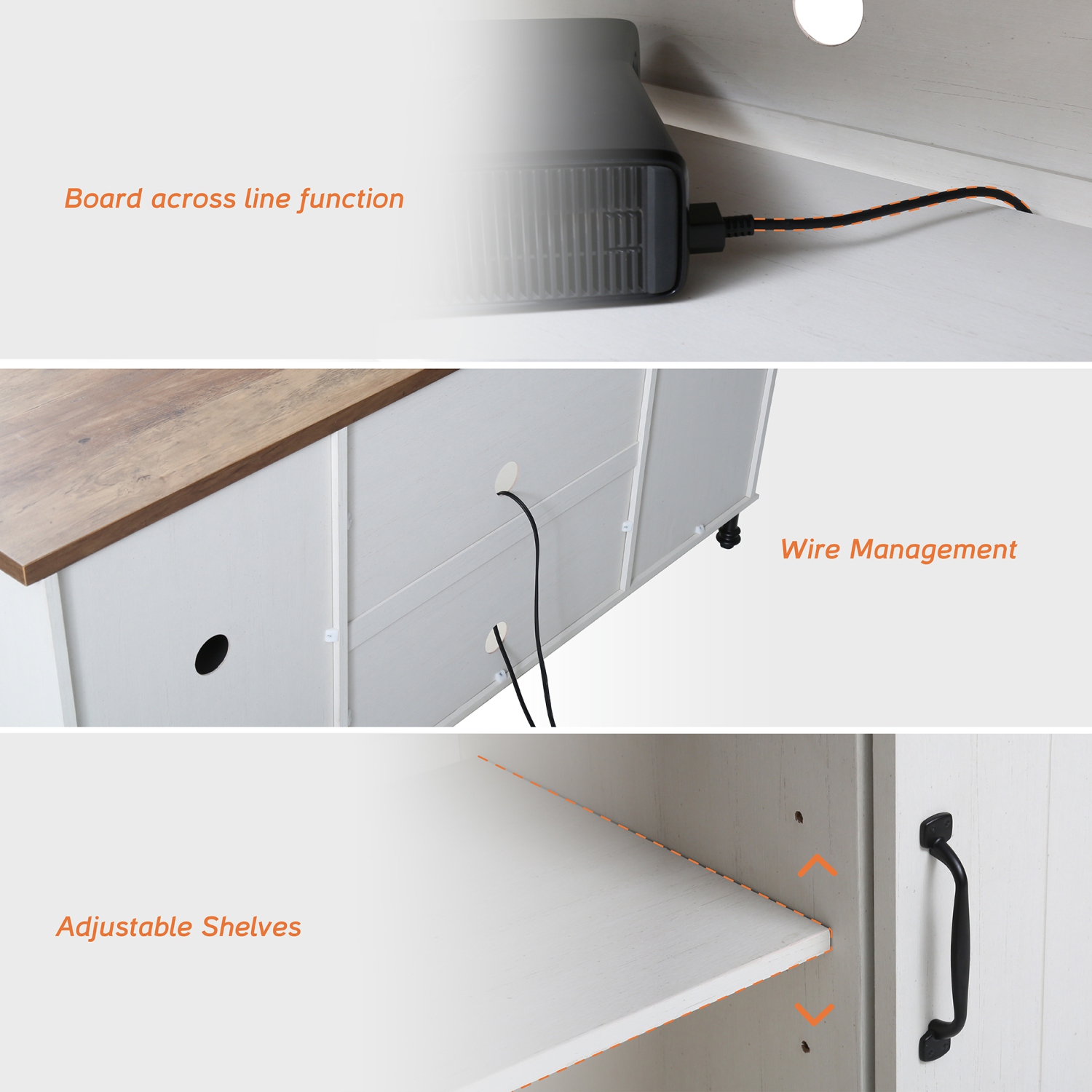 Meuble de téléviseur champêtre DEL à porte de grange coulissante pour téléviseur jusqu’à 65 po avec bande lumineuse jaune USB, console de rangement