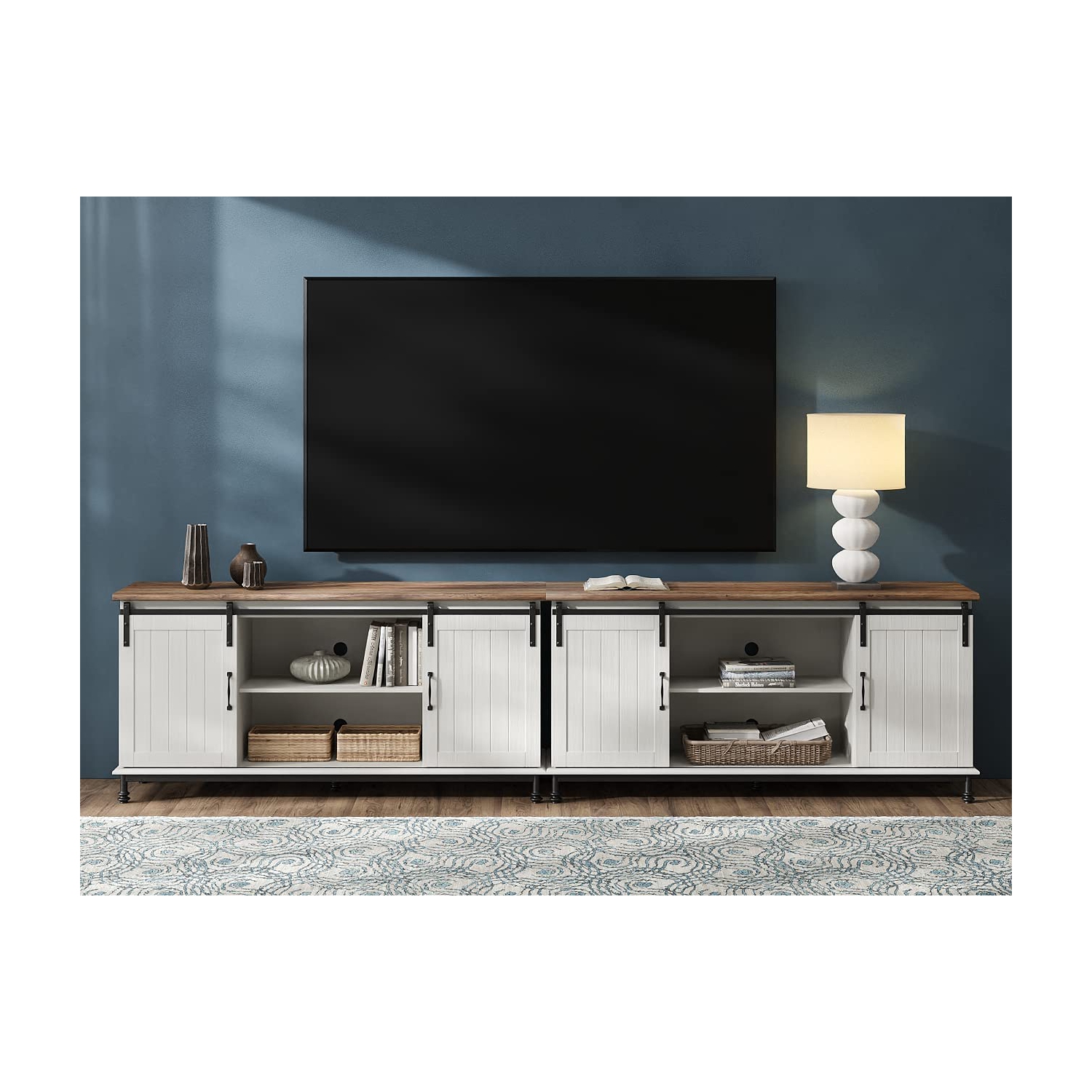 WAMPAT Farmhouse TV Stand for TVs Up to 85" Set of 2,Sliding Barn Door Entertainment Center Cabinet Table with Storage& Adjustable Shelves for Living