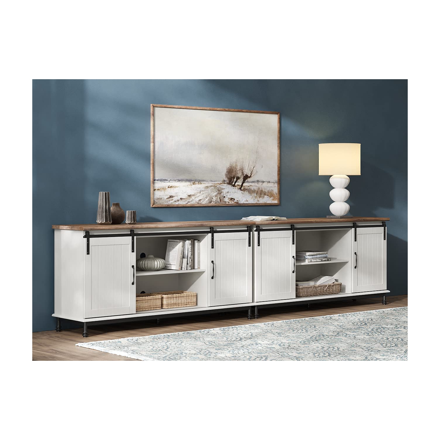 WAMPAT Farmhouse TV Stand for TVs Up to 85" Set of 2,Sliding Barn Door Entertainment Center Cabinet Table with Storage& Adjustable Shelves for Living