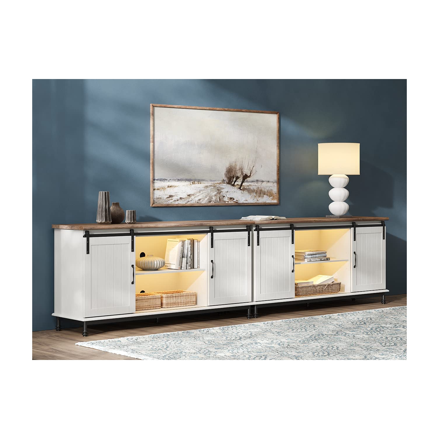 WAMPAT Farmhouse LED TV Stand for TVs Up to 85" Set of 2,Sliding Barn Door Entertainment Center Cabinet Table with Storage& Adjustable Shelves for