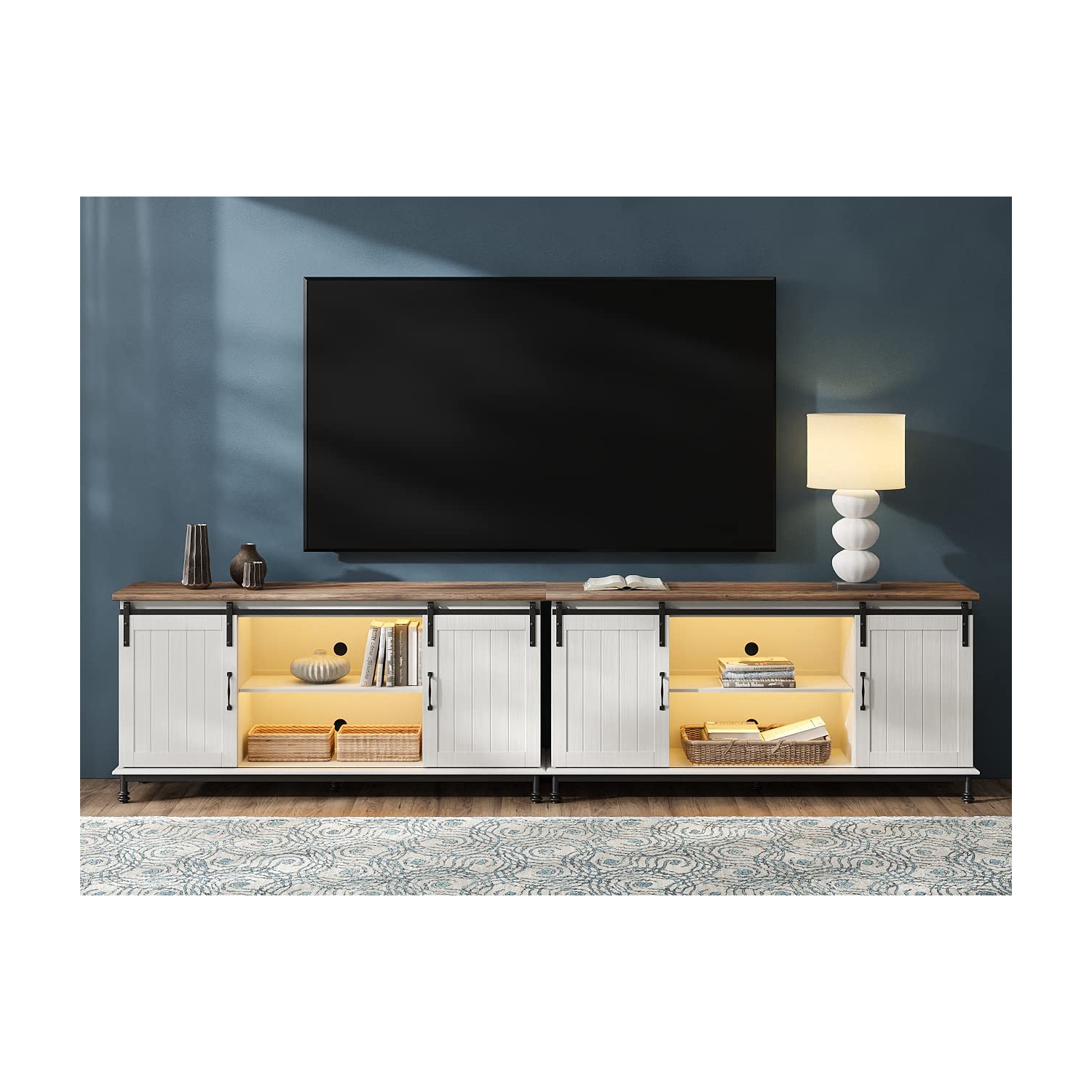 WAMPAT Farmhouse LED TV Stand for TVs Up to 85" Set of 2,Sliding Barn Door Entertainment Center Cabinet Table with Storage& Adjustable Shelves for