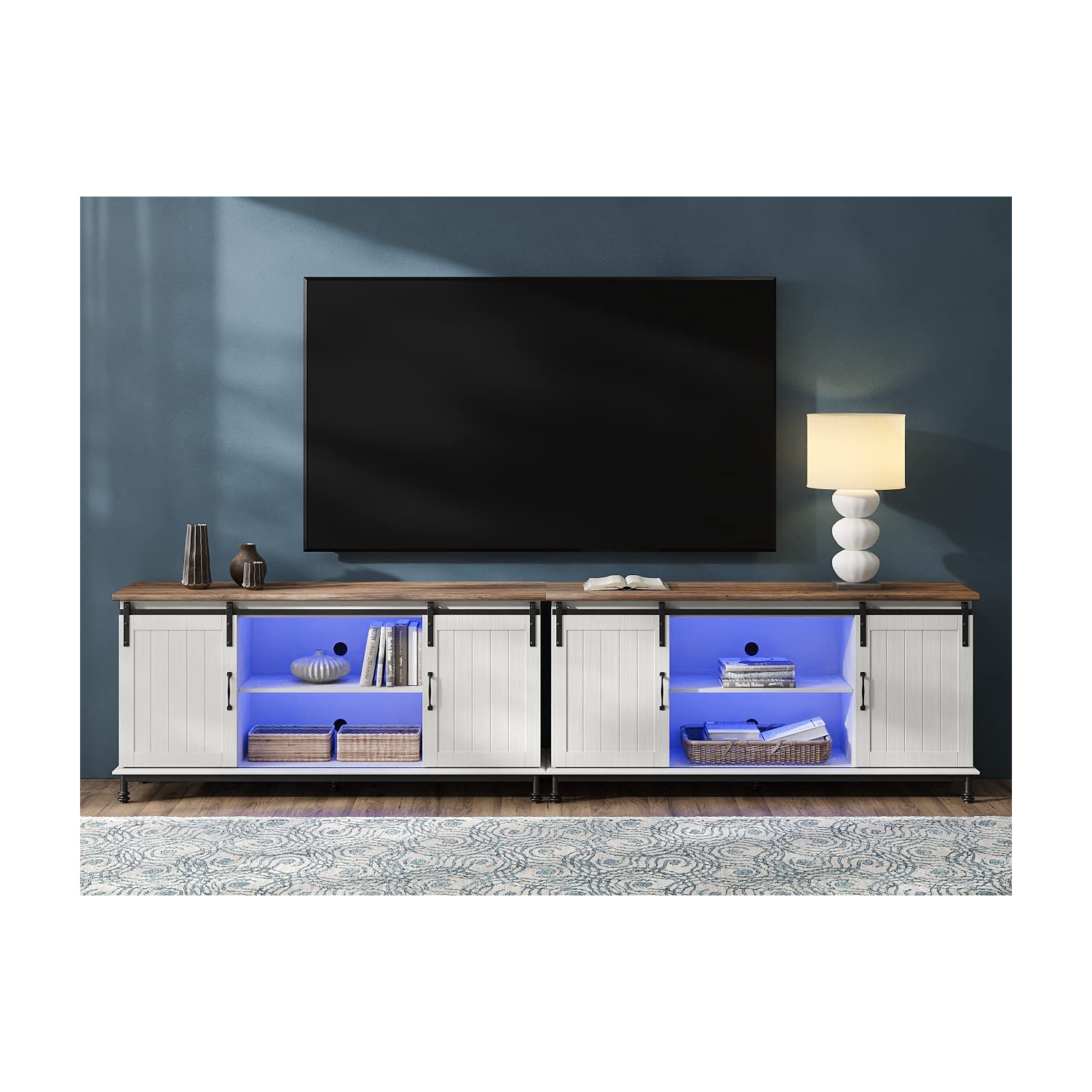 WAMPAT Farmhouse LED TV Stand for TVs Up to 85" Set of 2,Sliding Barn Door Entertainment Center Cabinet Table with Storage& Adjustable Shelves for