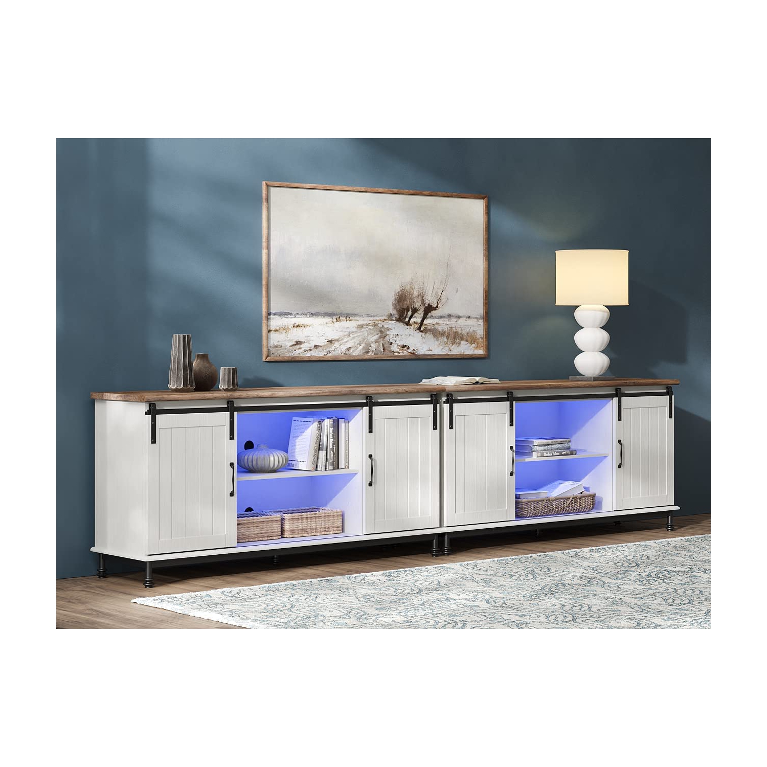 WAMPAT Farmhouse LED TV Stand for TVs Up to 85" Set of 2,Sliding Barn Door Entertainment Center Cabinet Table with Storage& Adjustable Shelves for