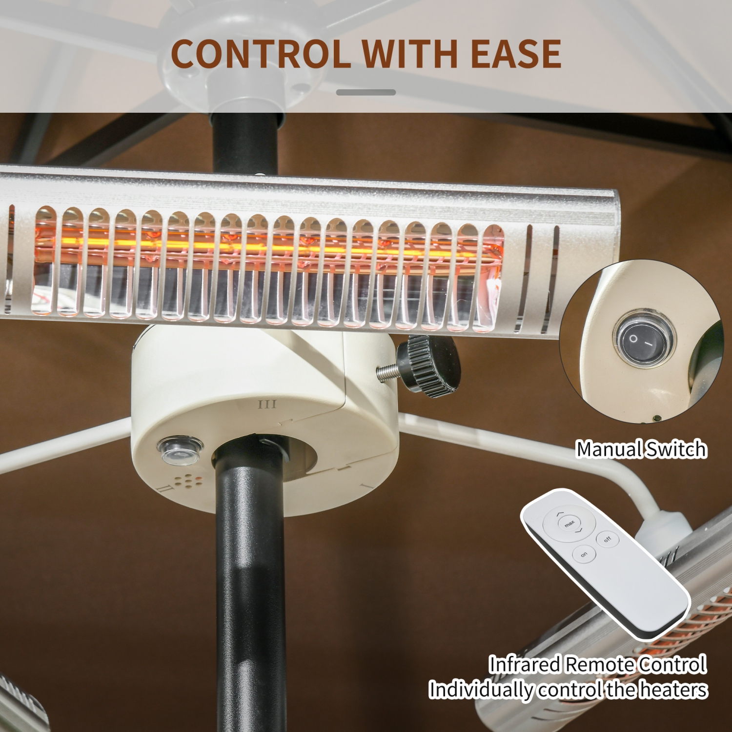 Outsunny Electric Patio Heater with 3 Heating Panels and Ultra-low Glare, Aluminum Alloy Parasol Heater with Infrared Remote Control for Garden