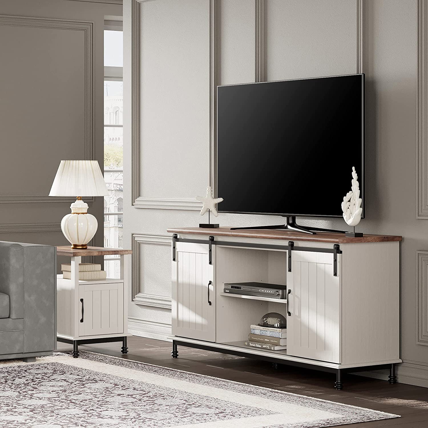 WAMPAT Farmhouse Living Room Furniture Set of 2, 59" Sliding Barn Door TV Stand Set with 42" Matching Storage Cabinet/Sideboard, White & Oak, Wood