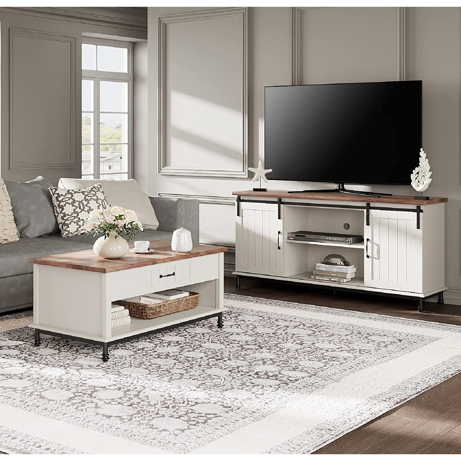 WAMPAT Premium Farmhouse Living Room Set of 2, 1 Large Rectangle Center Table with Drawers, 1 Sliding Barn Door TV Stand with Adjustable Storage