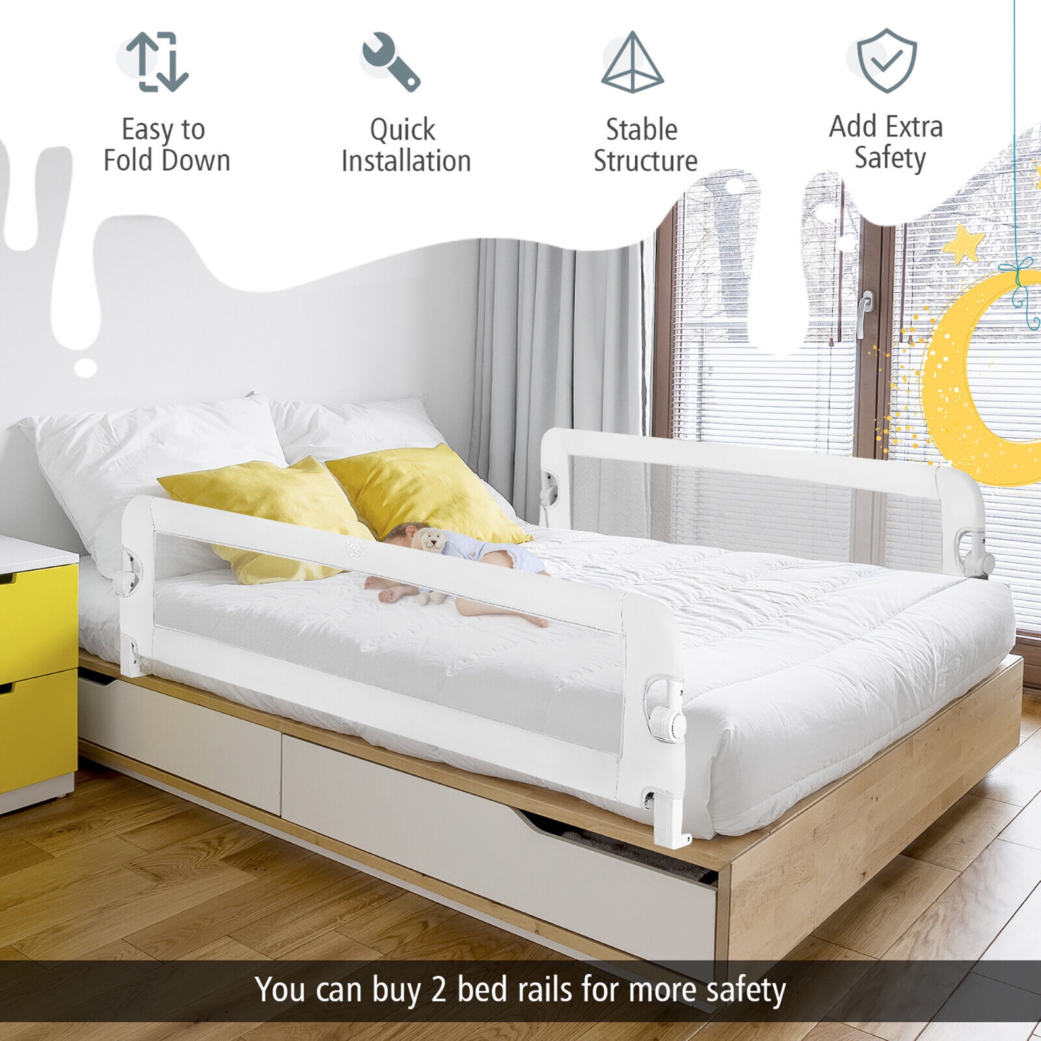 Gymax Folding Baby Bed Rail Kids Swing Down Safety Bed Guard w/ Safety Belt