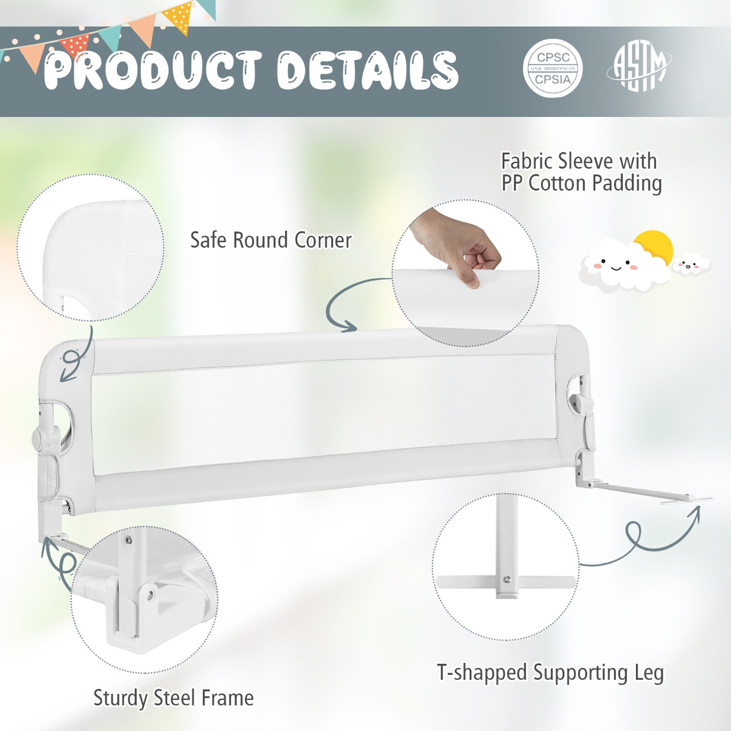 Gymax Folding Baby Bed Rail Kids Swing Down Safety Bed Guard w/ Safety Belt