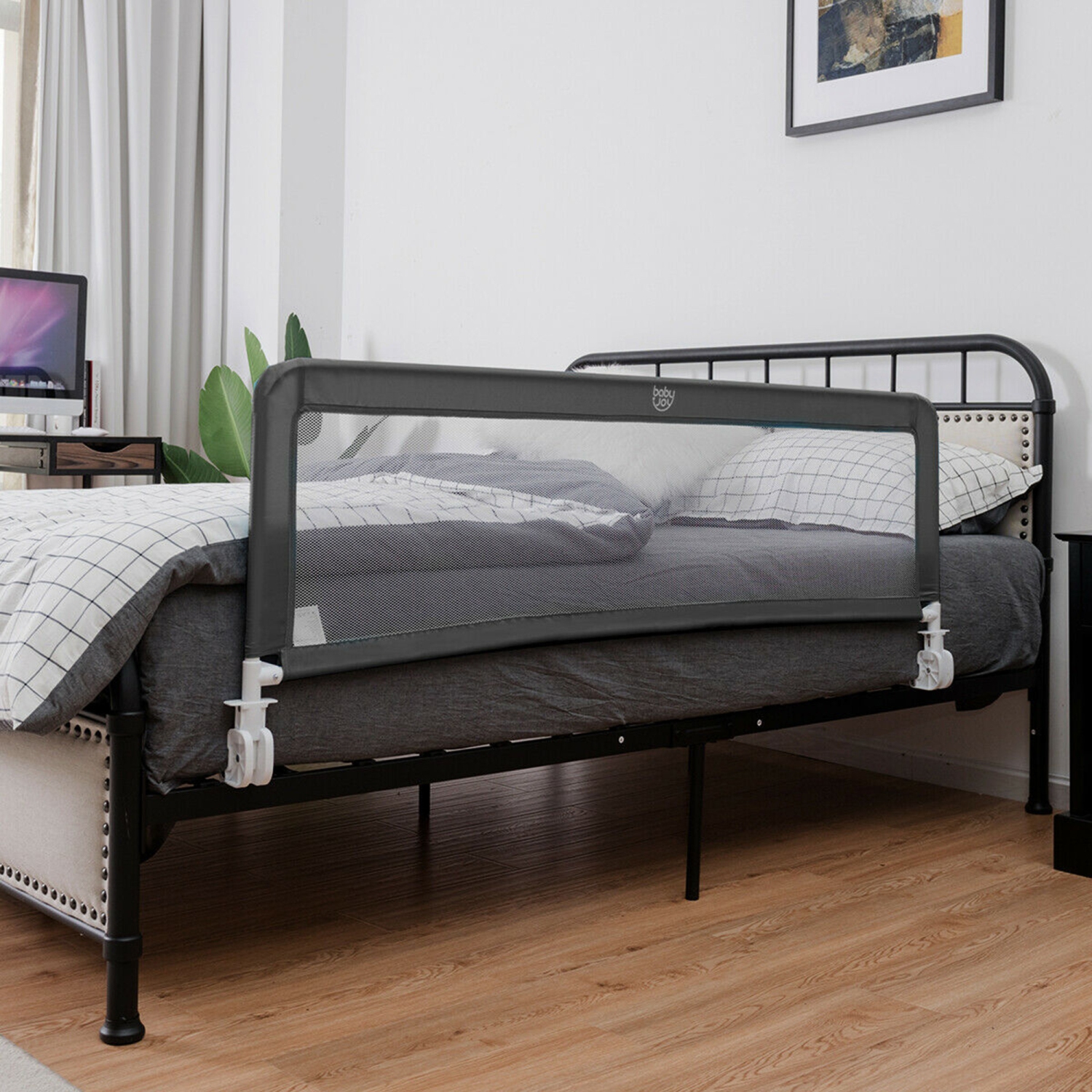 Gymax 59'' Breathable Baby Children Toddlers Bed Rail Guard Safety Swing Down Gray