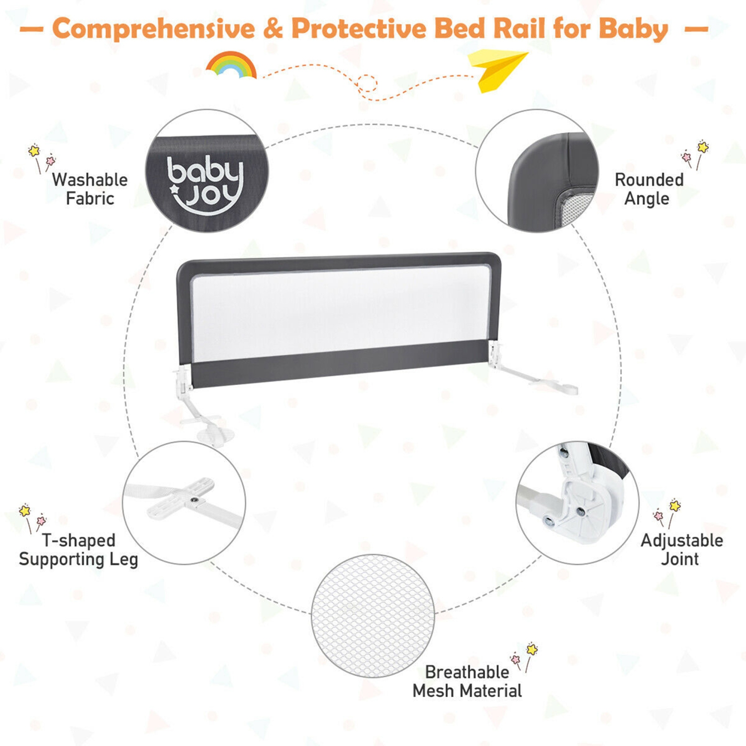 Gymax 59'' Breathable Baby Children Toddlers Bed Rail Guard Safety Swing Down Gray