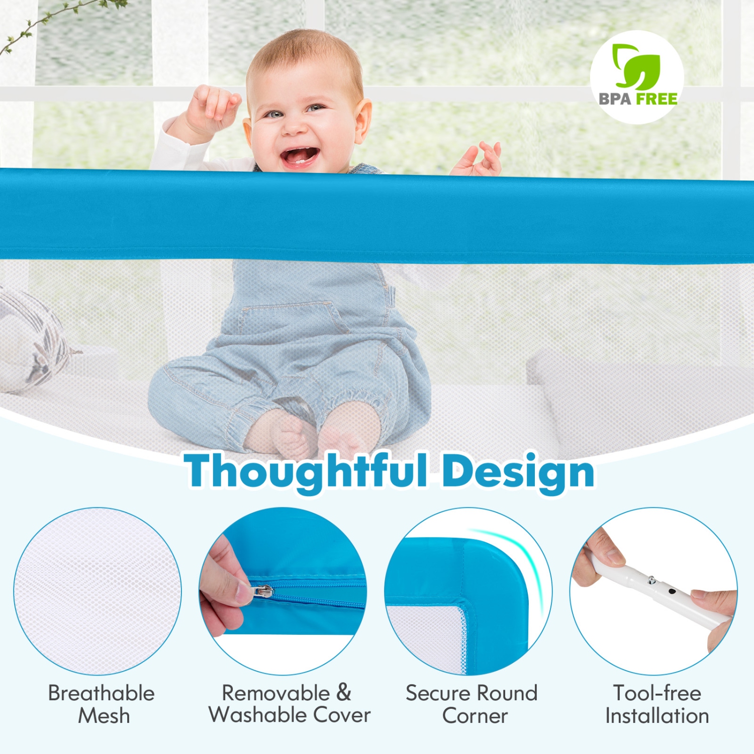 Gymax 59'' Breathable Baby Children Toddlers Bed Rail Guard Safety Swing Down Blue