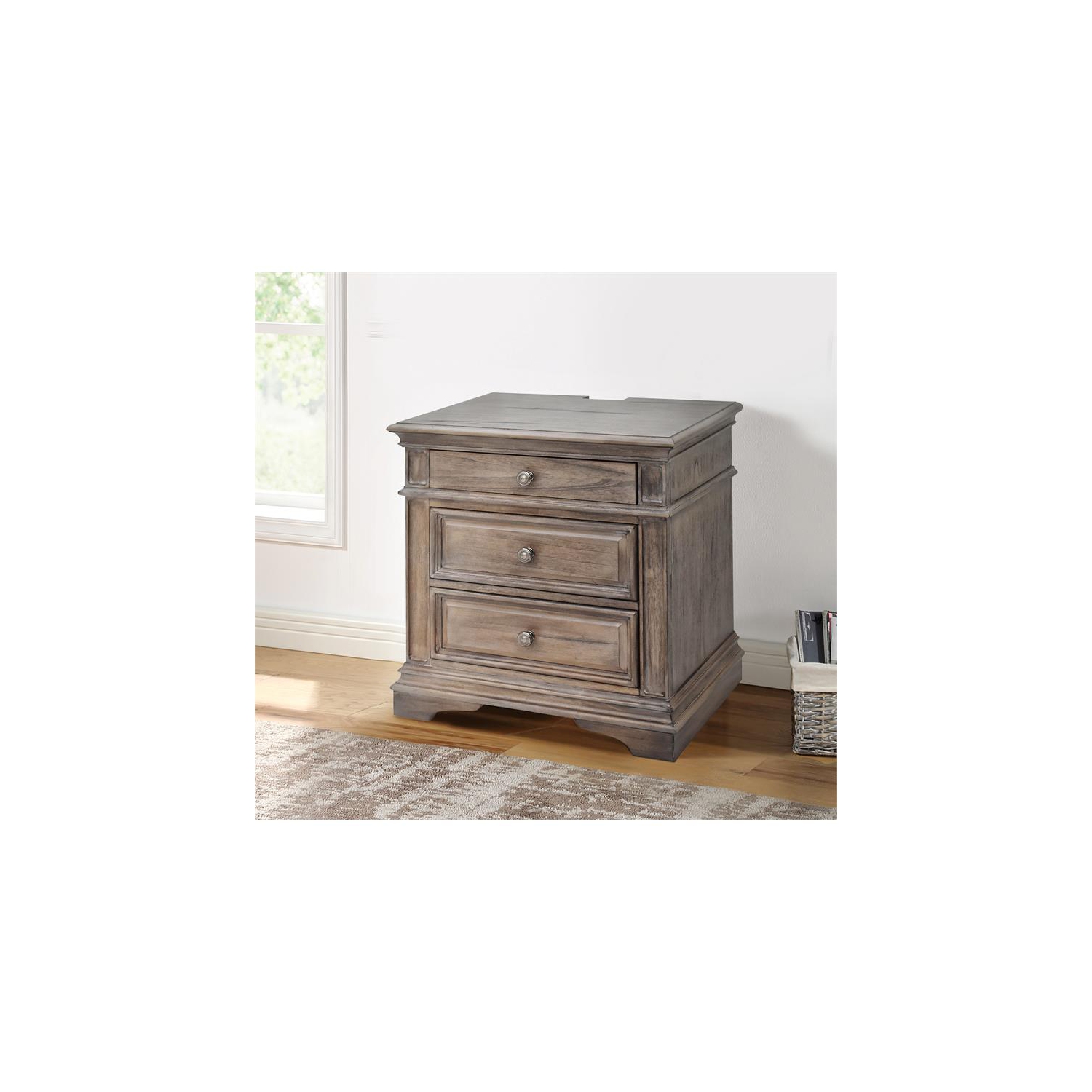 Highland Park – Table de chevet à 3 tiroirs en bois flotté gris