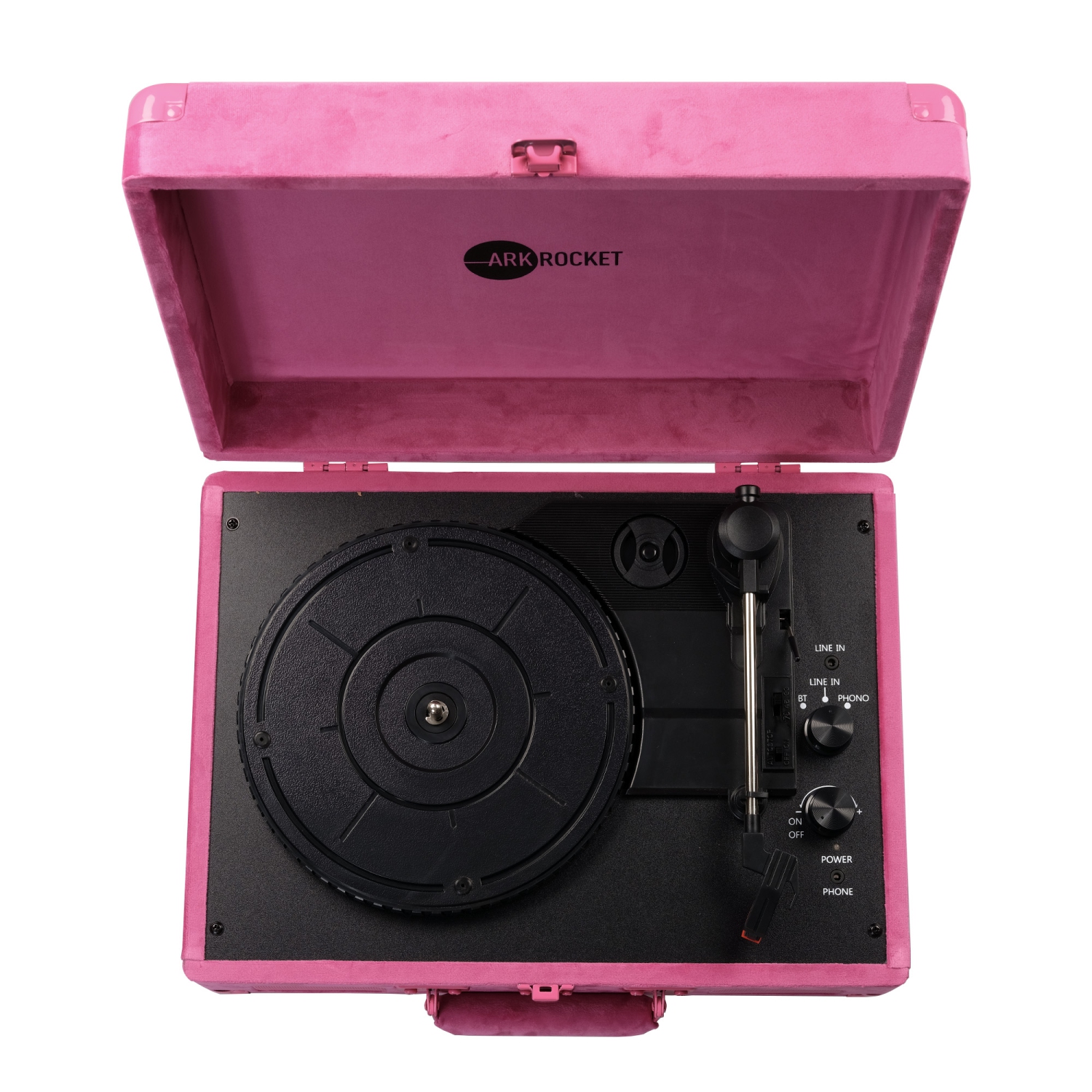 Arkrocket Curiosity Bluetooth Turntable Retro Suitcase 3-Speed Record Player with Built-in Speakers-Hot Pink Velvet