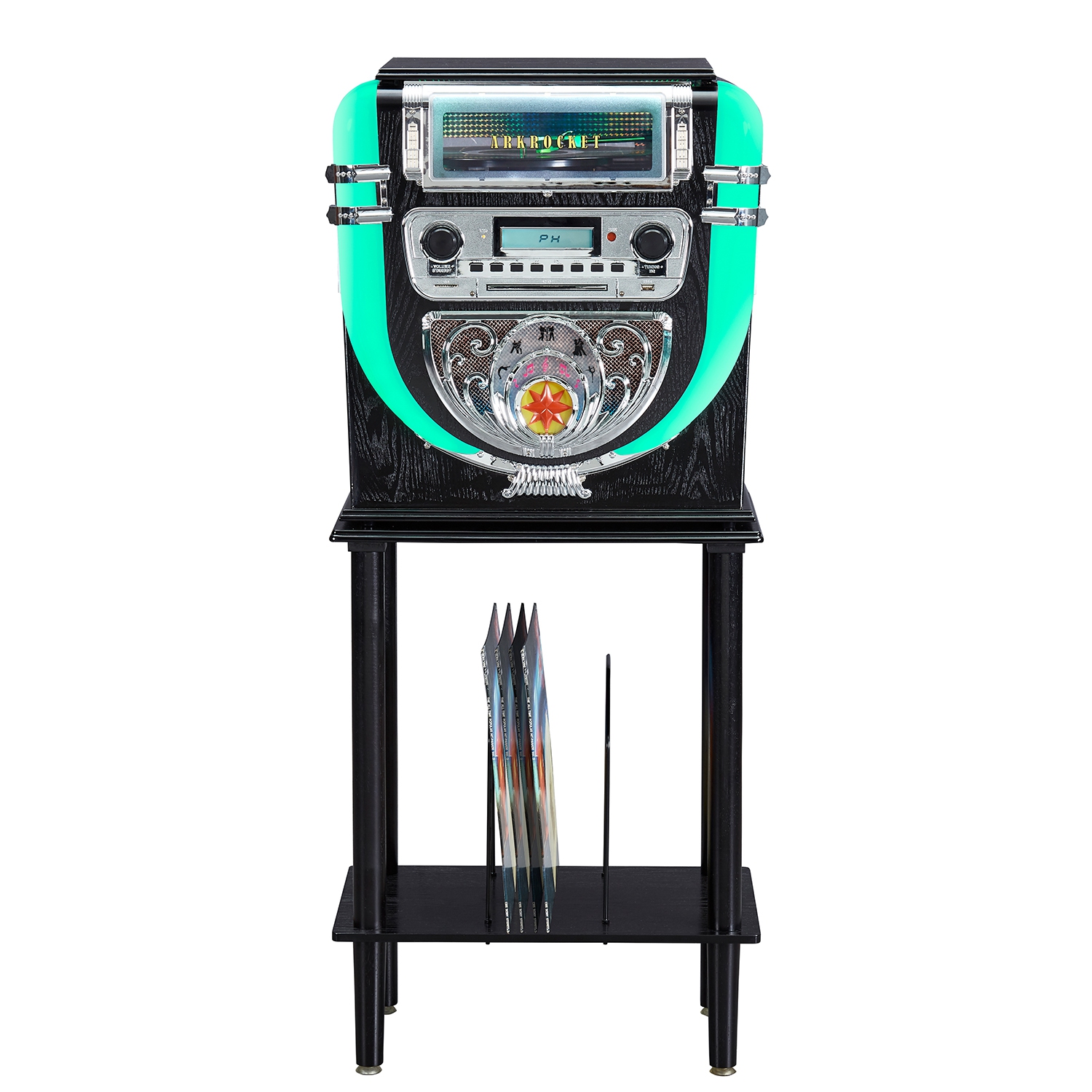 Arkrocket Boston Tabletop Jukebox Record Player Entertainment System with Stand Bluetooth CD Player FM Radio SD USB