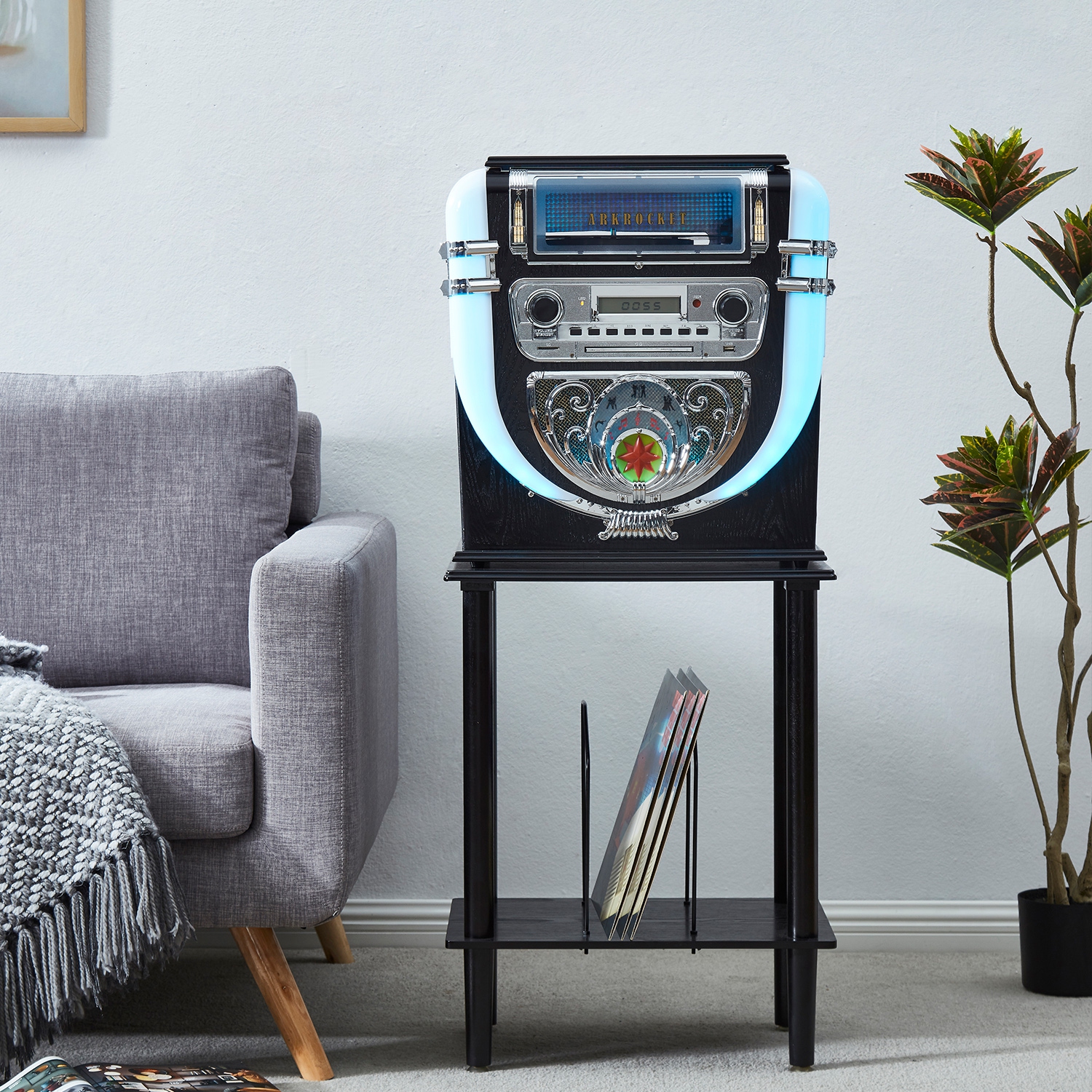 Arkrocket Boston Tabletop Jukebox Record Player Entertainment System with Stand Bluetooth CD Player FM Radio SD USB