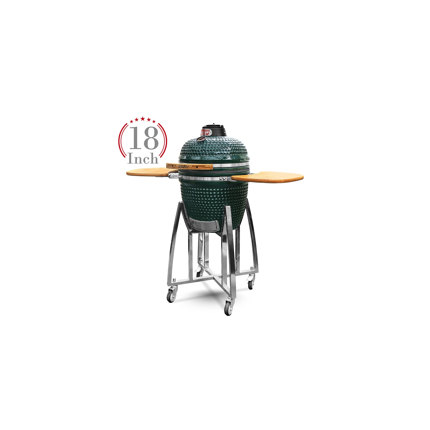 Ceramic Kamado BBQ Grill - Green - 18" with Stand and Bamboo Sideboard