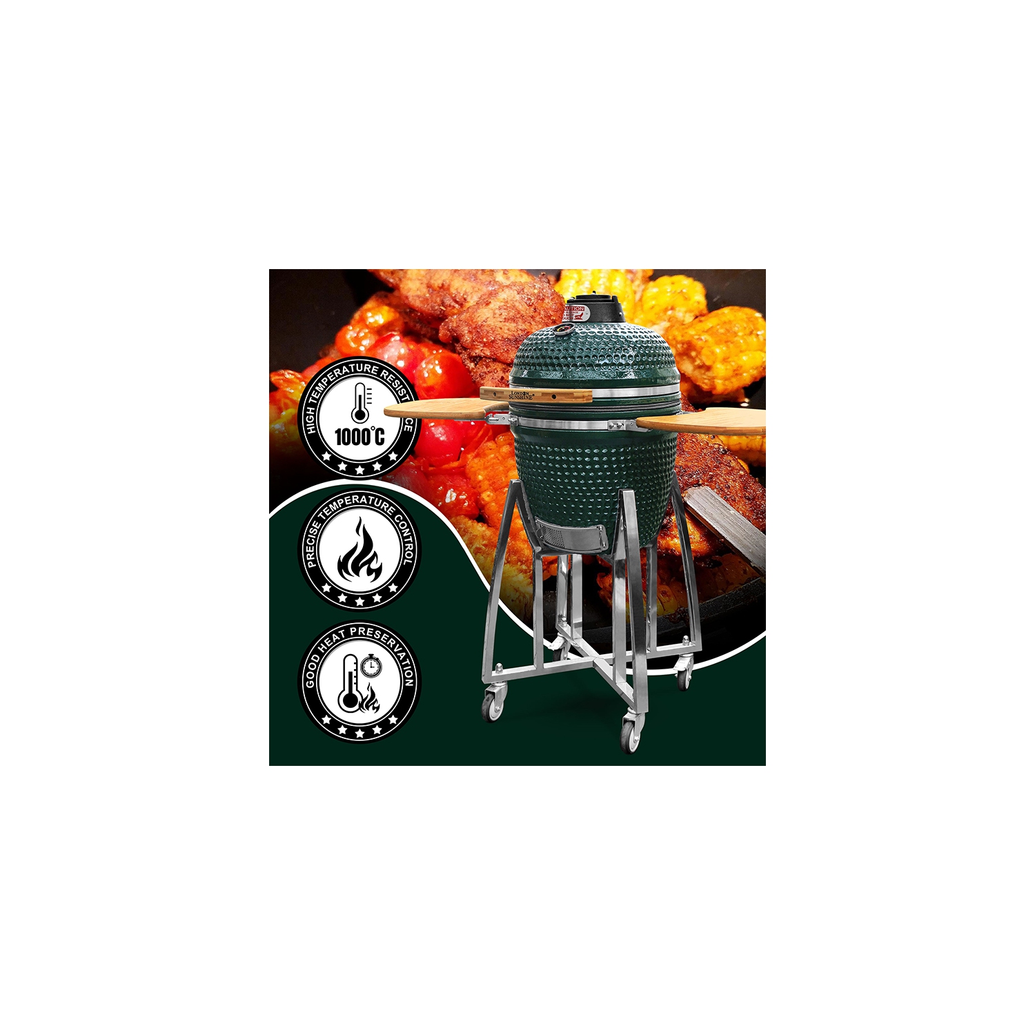 Ceramic Kamado BBQ Grill - Green - 18" with Stand and Bamboo Sideboard