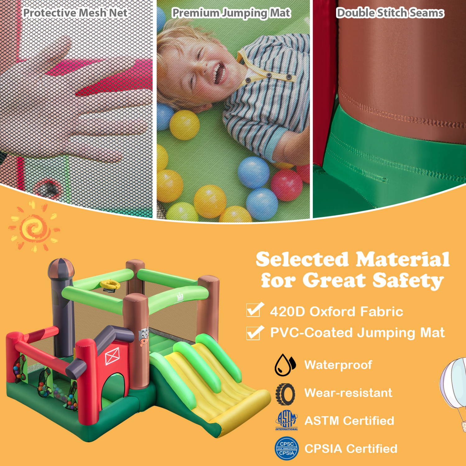 Patiojoy Inflatable Bounce House with 735W Blower 6-in-1 Bouncer Castle w/ Double Slides Jump Area Ocean Balls Basketball Rim for Kids Aged 3+