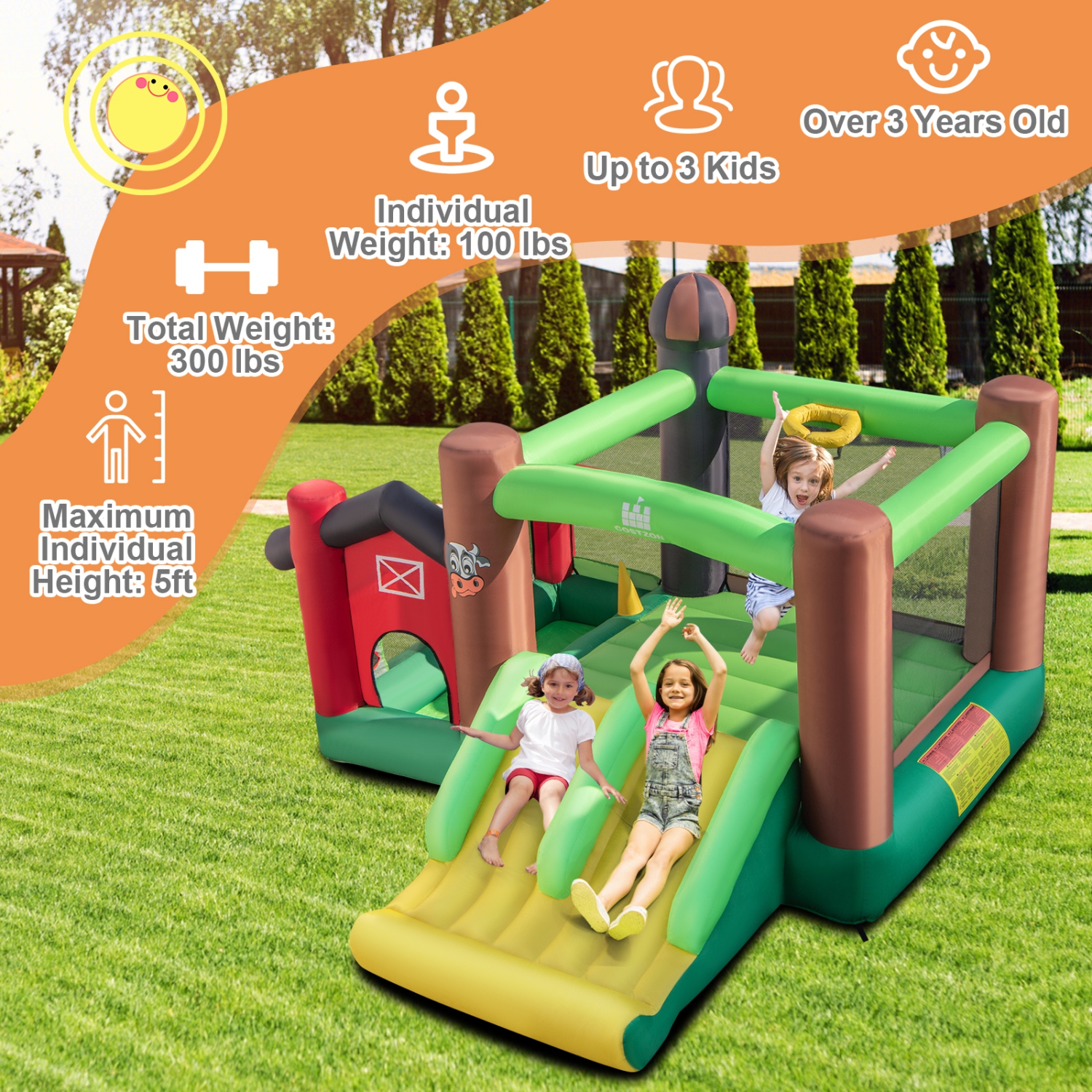 Patiojoy Inflatable Bounce House with 735W Blower 6-in-1 Bouncer Castle w/ Double Slides Jump Area Ocean Balls Basketball Rim for Kids Aged 3+