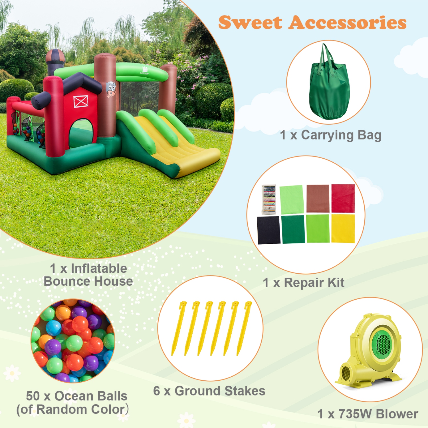 Patiojoy Inflatable Bounce House with 735W Blower 6-in-1 Bouncer Castle w/ Double Slides Jump Area Ocean Balls Basketball Rim for Kids Aged 3+