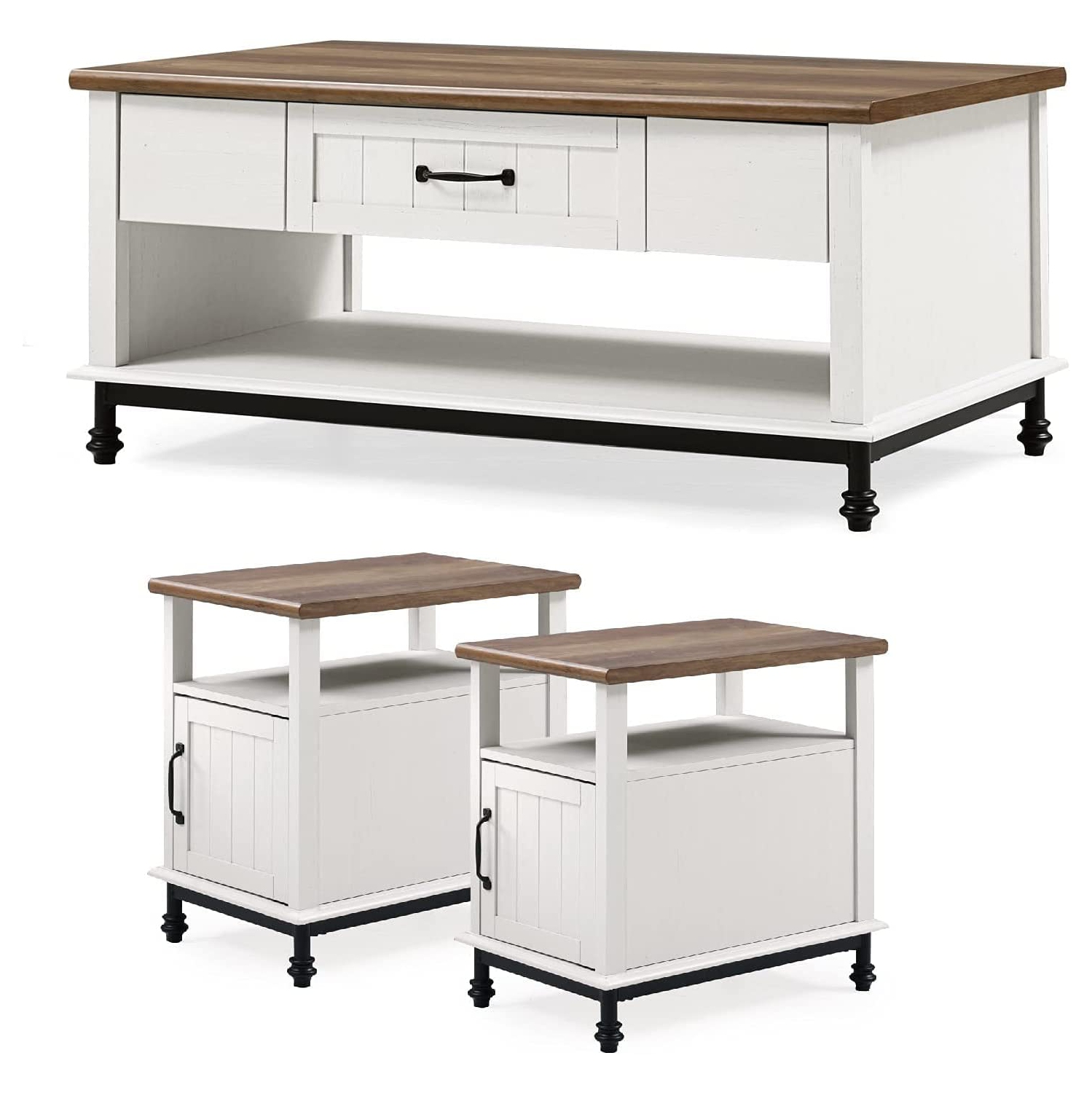 WAMPAT Farmhouse Living Room Furniture Set of 3, 42" White Coffee Table Set with 2 Pack 24" Matching Narrow Storage End Side Tables, White & Oak,