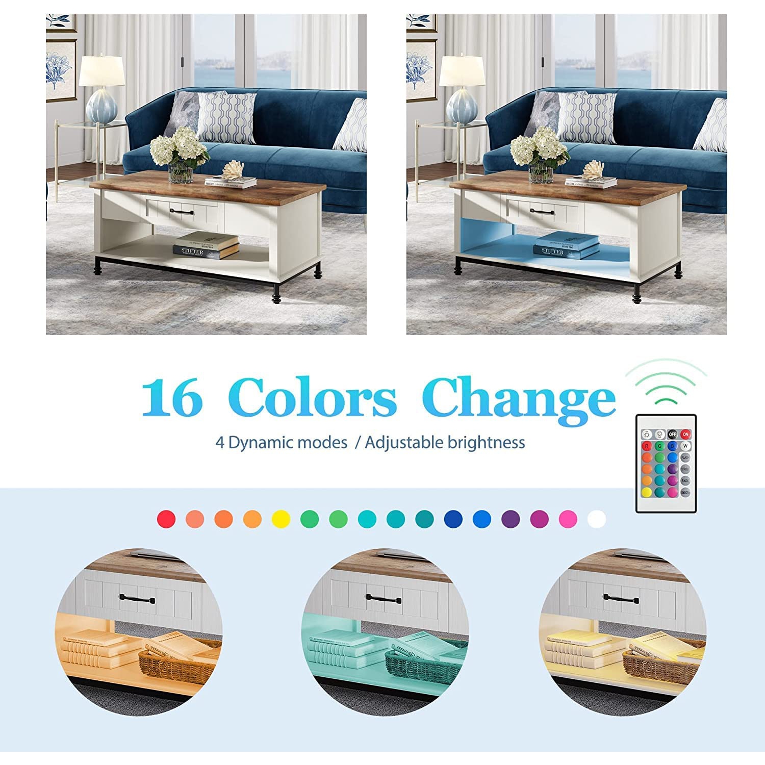 Table basse champêtre WAMPAT avec 16 lumières à DEL de couleurs, grande table centrale rectangulaire avec 1 tiroir et tablette de rangement ouverte