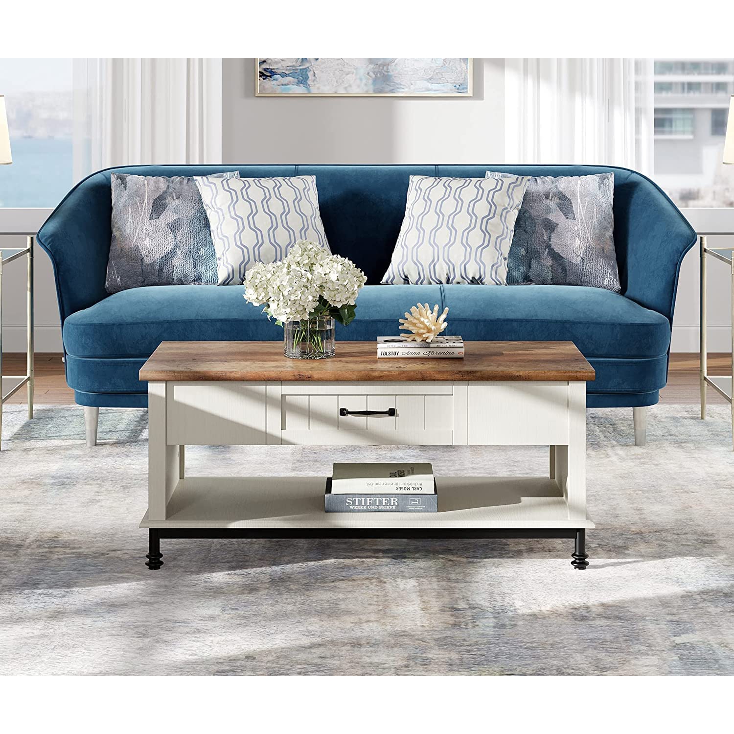 Table basse champêtre WAMPAT avec 16 lumières à DEL de couleurs, grande table centrale rectangulaire avec 1 tiroir et tablette de rangement ouverte